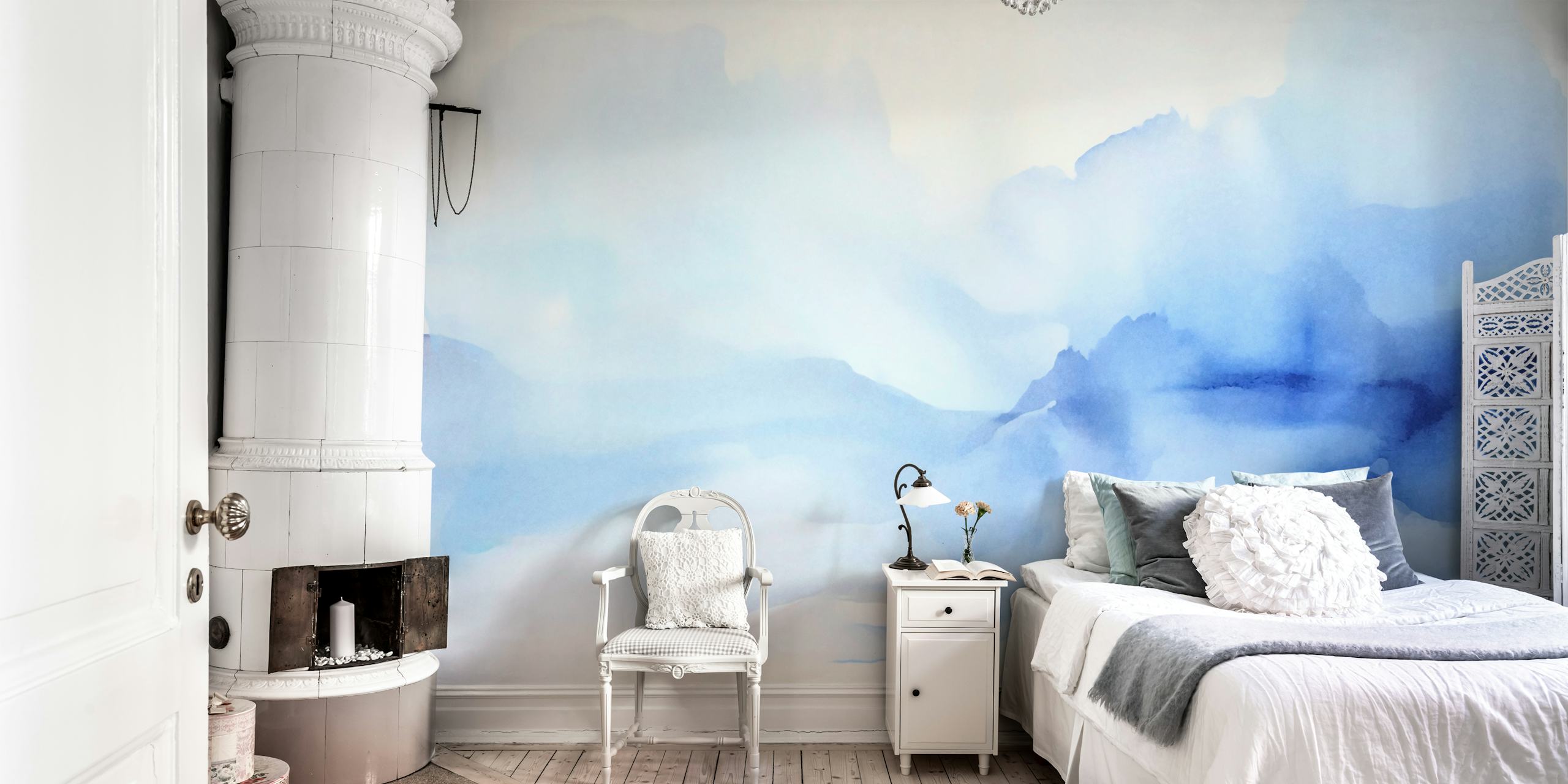 Blue watercolor waves on a soft background wallpaper