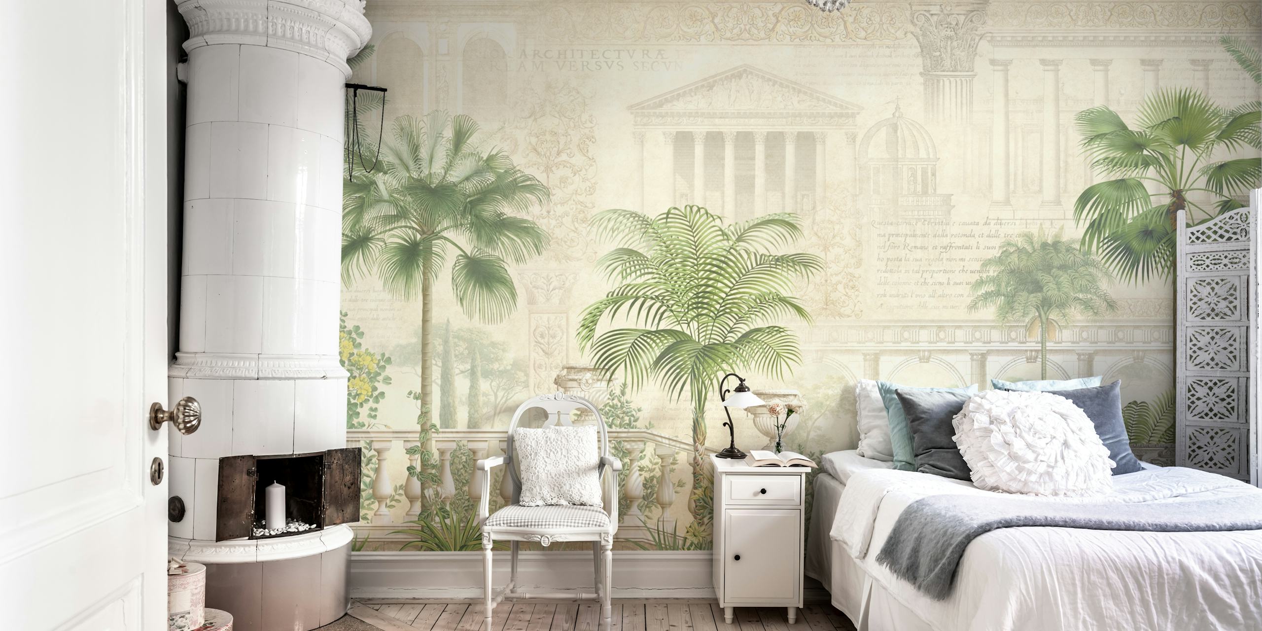 Tropical palm trees and classical architecture wallpaper