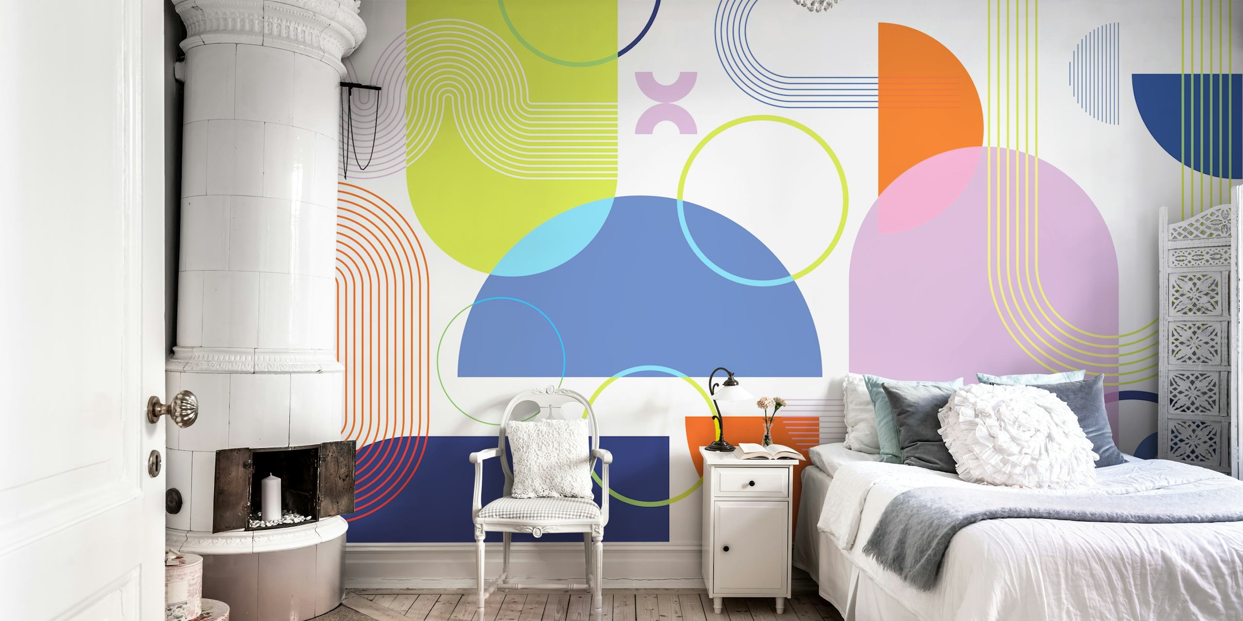 Colorful geometric shapes and abstract lines wallpaper