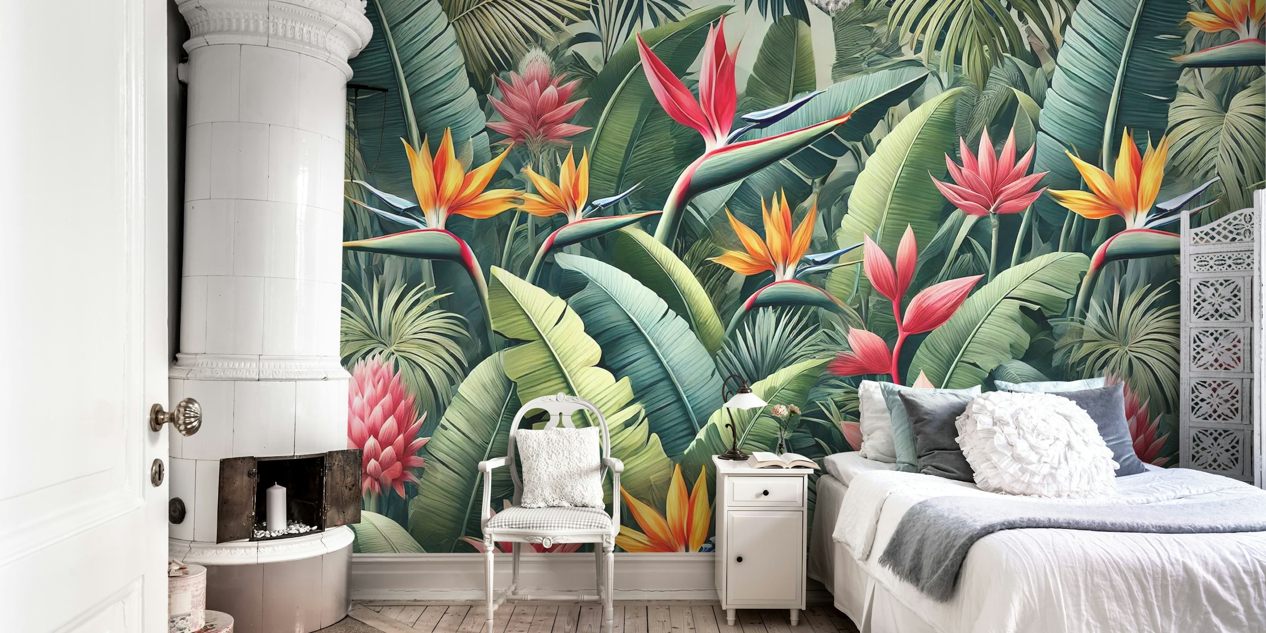 Exotic Jungle Blooms wallpaper in a room