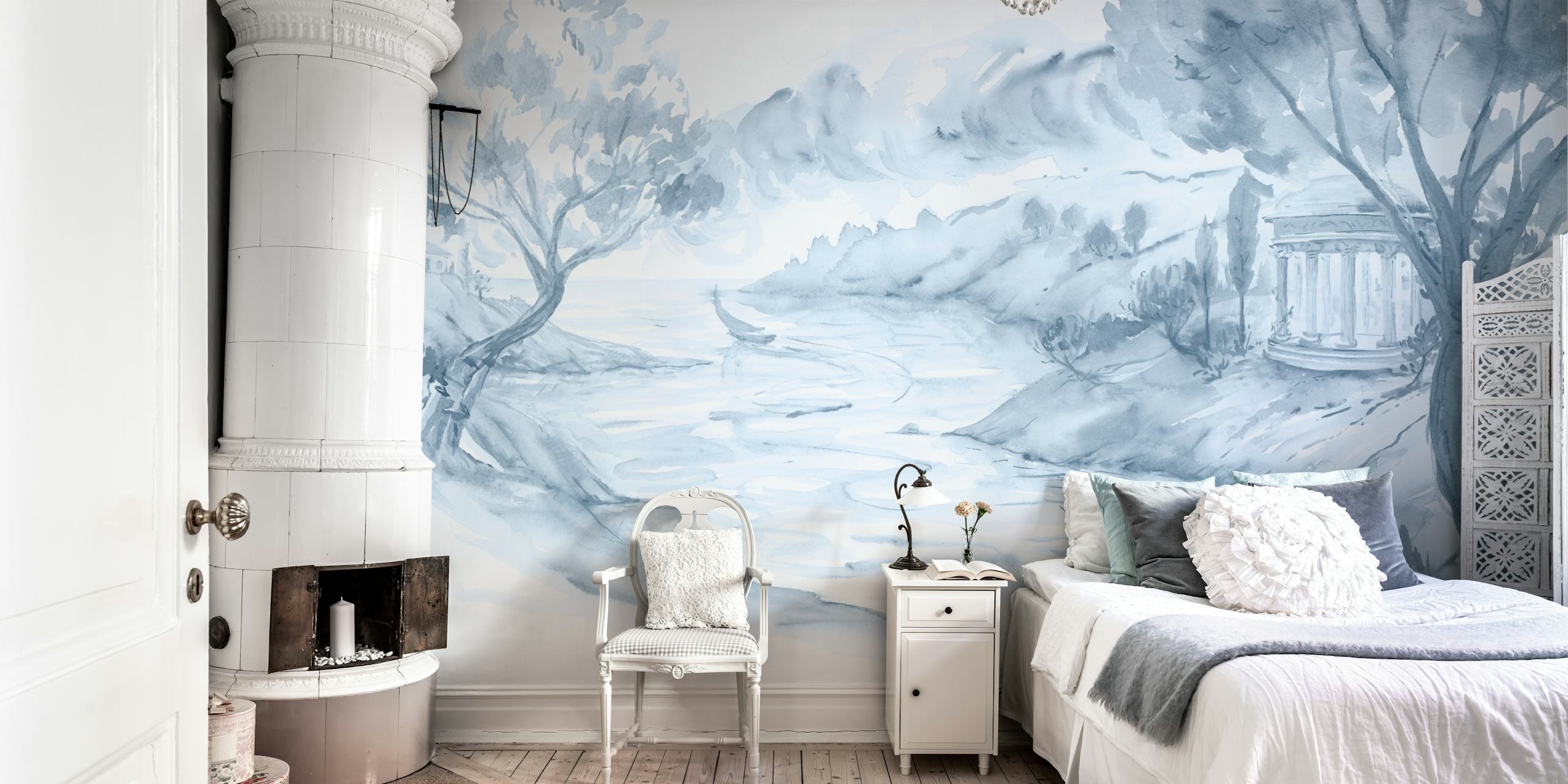 Tranquil river scene wallpaper in a room