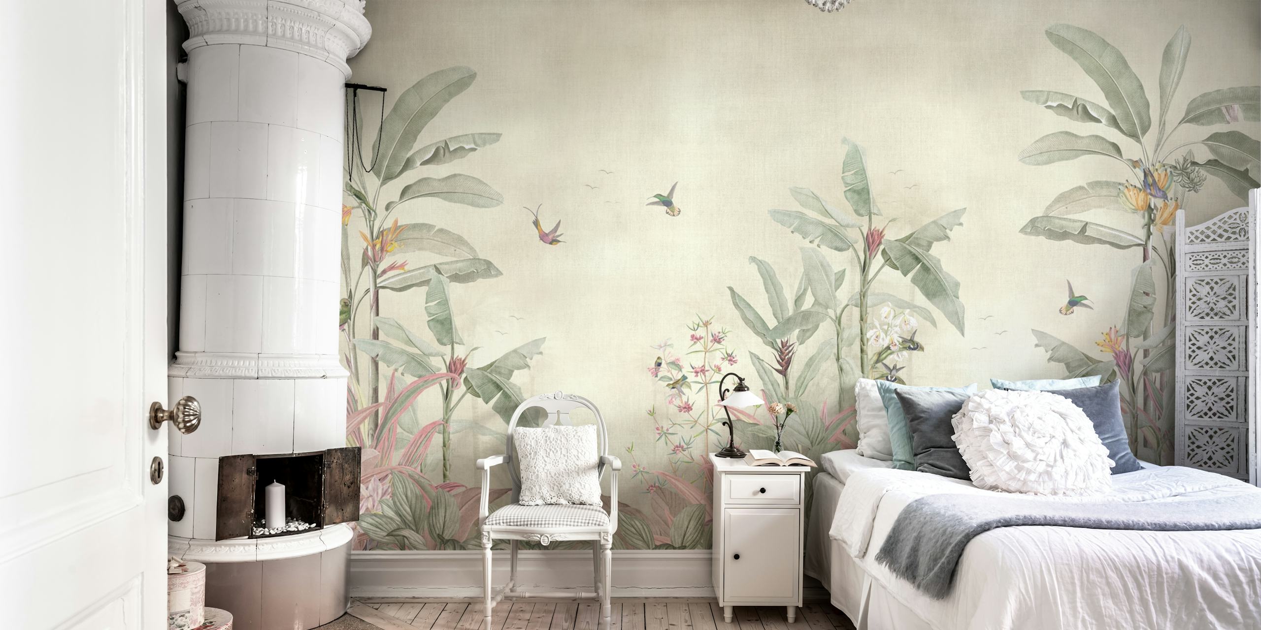 Carta da parati Vintage Jungle Landscape & Birds in una stanza