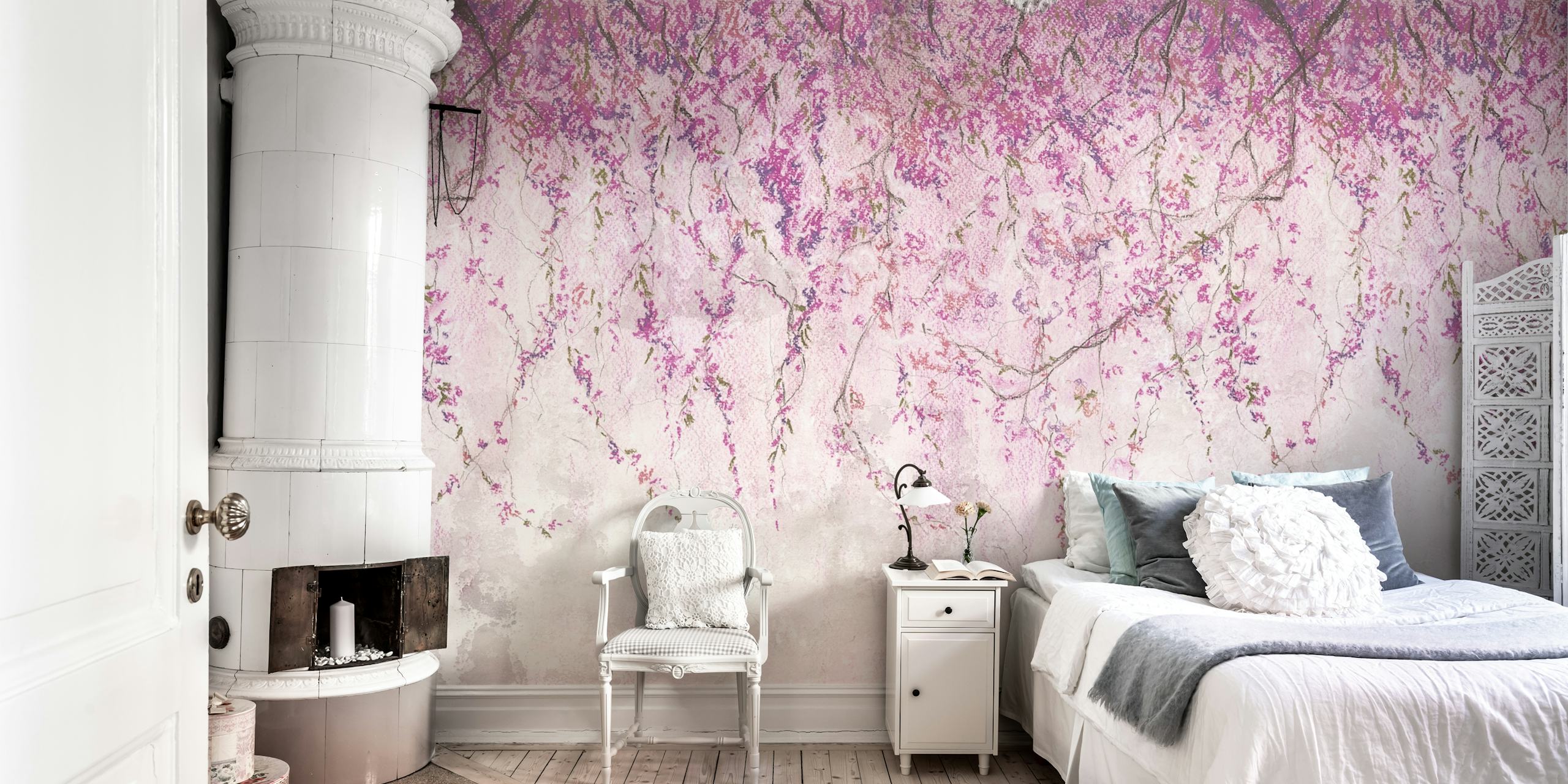 Delicate pink flower scene with soft pink and gray tones wallpaper