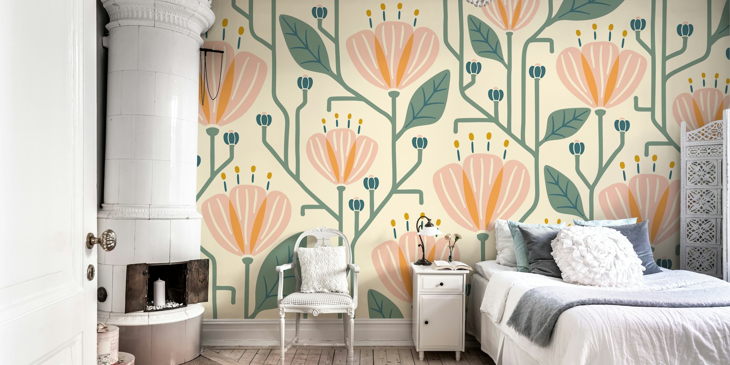 Cozy Bold Modern Flowers wallpaper in a room