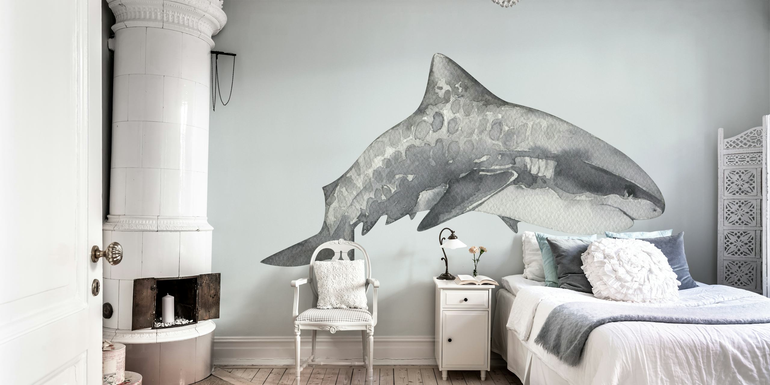 Grey watercolor shark illustration wallpaper