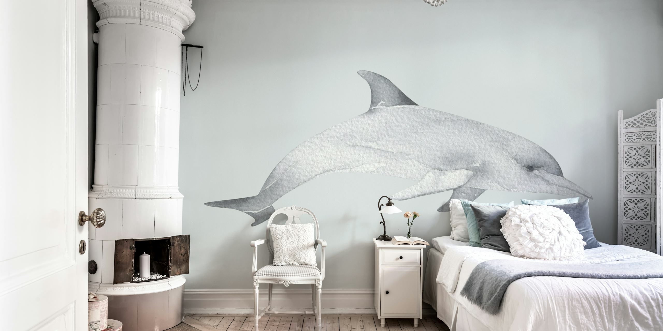 White dolphin illustration on gray background wallpaper