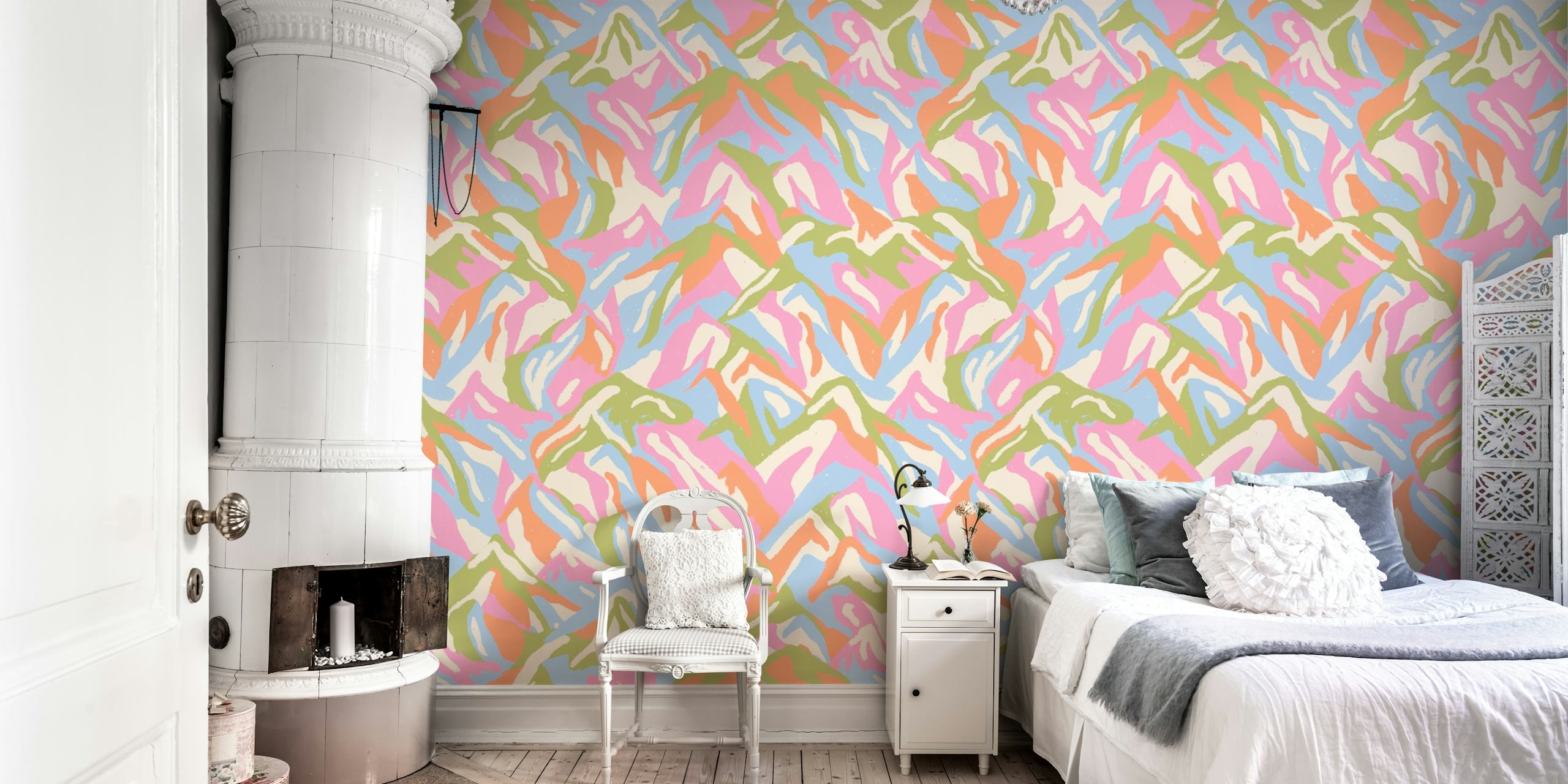 Colorful abstract mountain peaks in pastel pink, blue, and green wallpaper