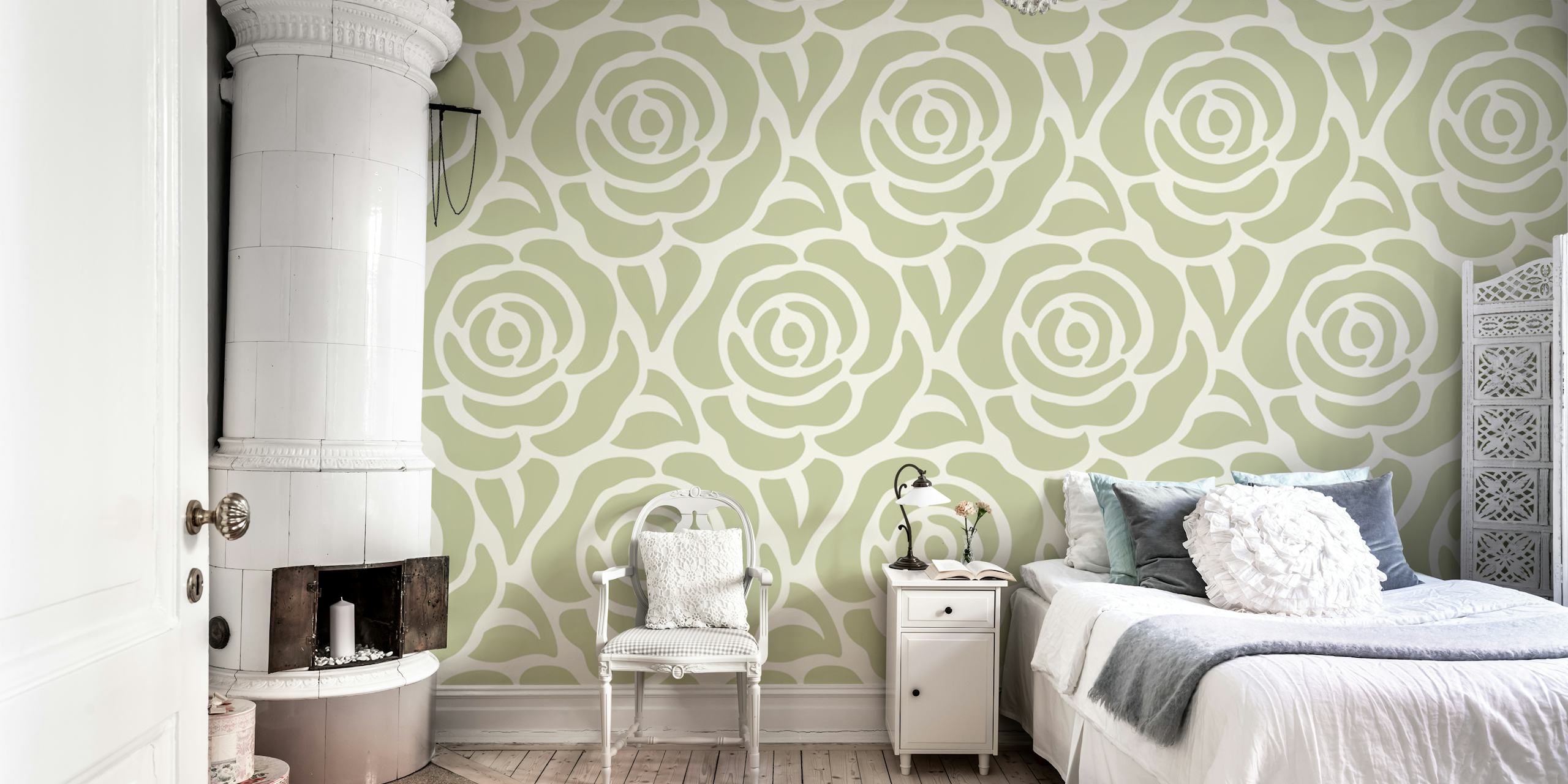 Blooming roses wallpaper pattern in hellem Salbei