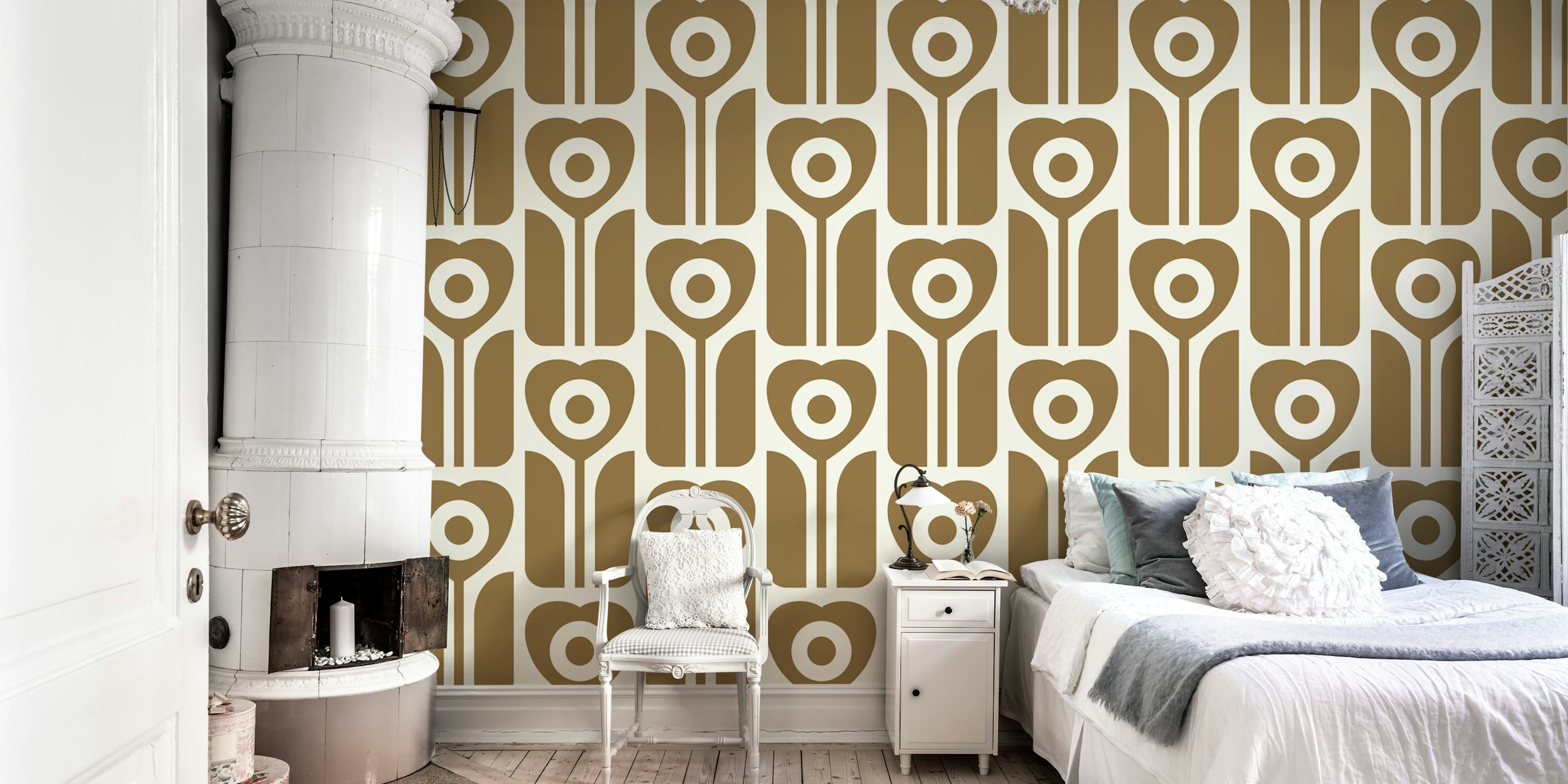 Geometric retro tulip flowers brown papel pintado en una habitación