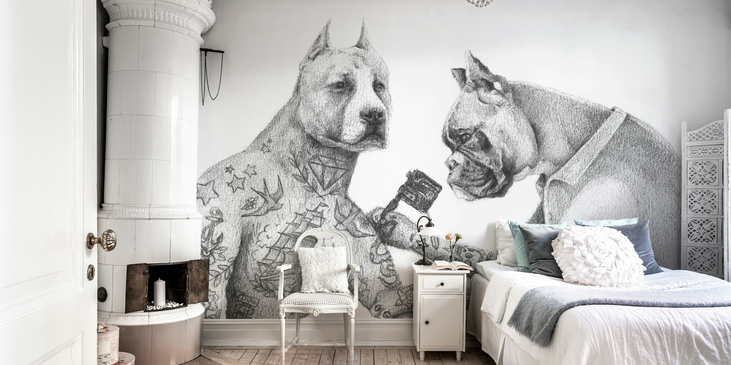 Tattooed dog and artist illustration in black and white wallpaper