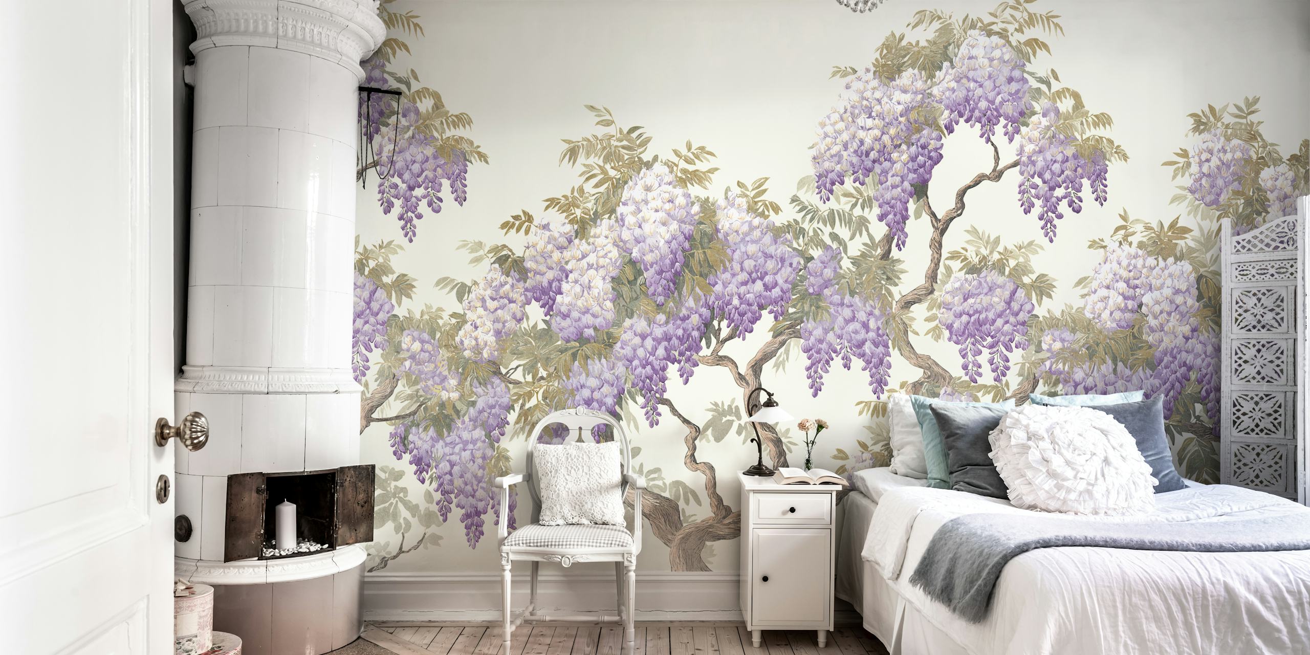 Fleurs de glycine délicates sur fond crème wallpaper