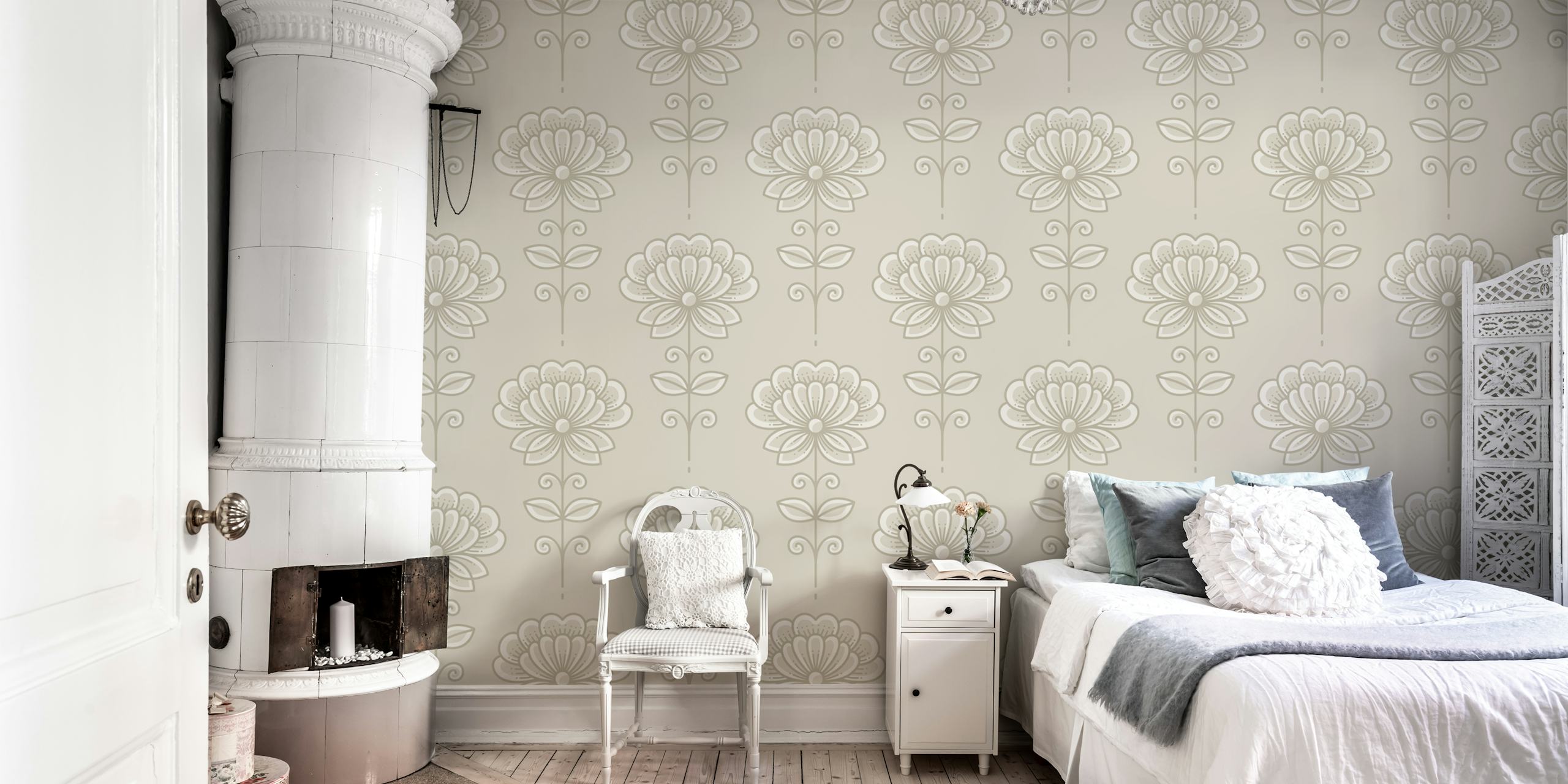 Beige floral pattern wallpaper featuring large blooms and delicate stems