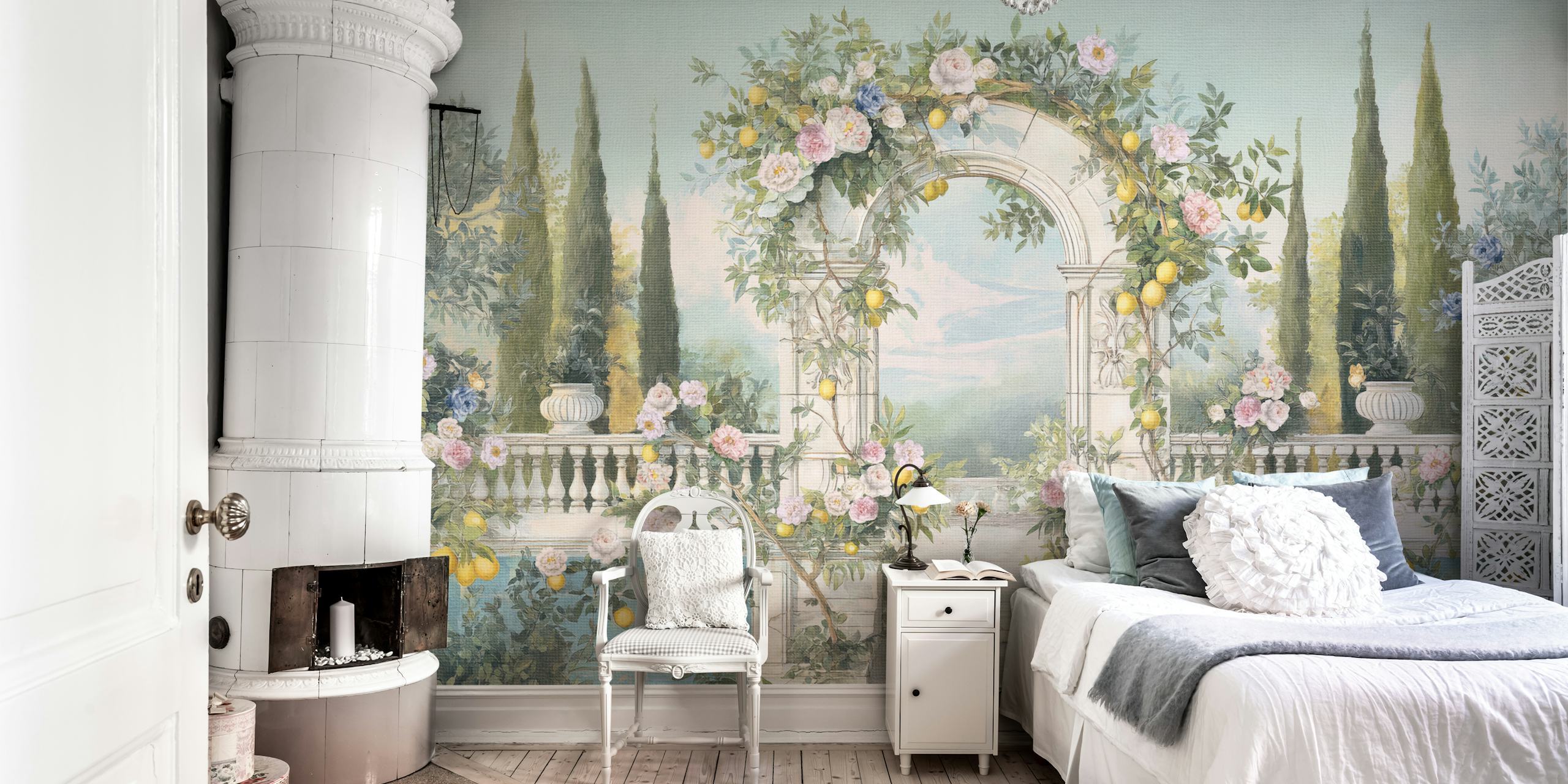 Victorian Lemon Floral Archway Wallpaper in a room