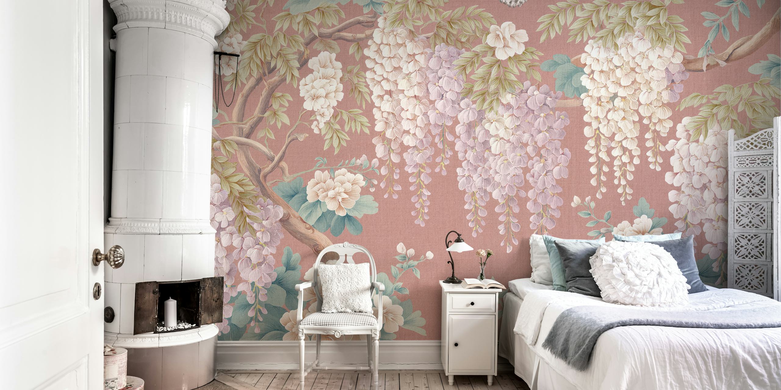 Imperial Wisteria Art Peach wallpaper in a room