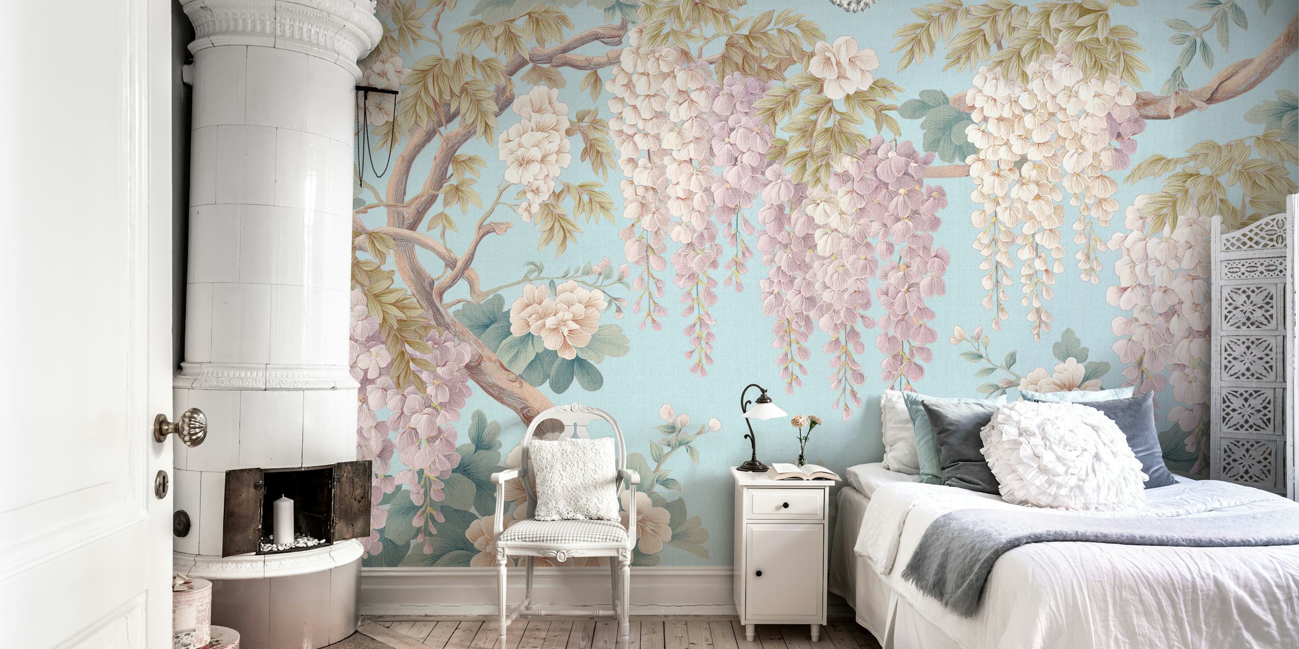 Imperial Wisteria Art Blue behang in een kamer