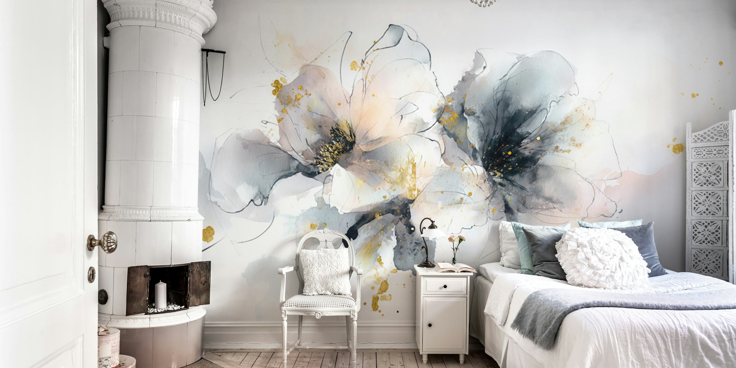 Aquarellblumen mit goldenen Akzenten wallpaper