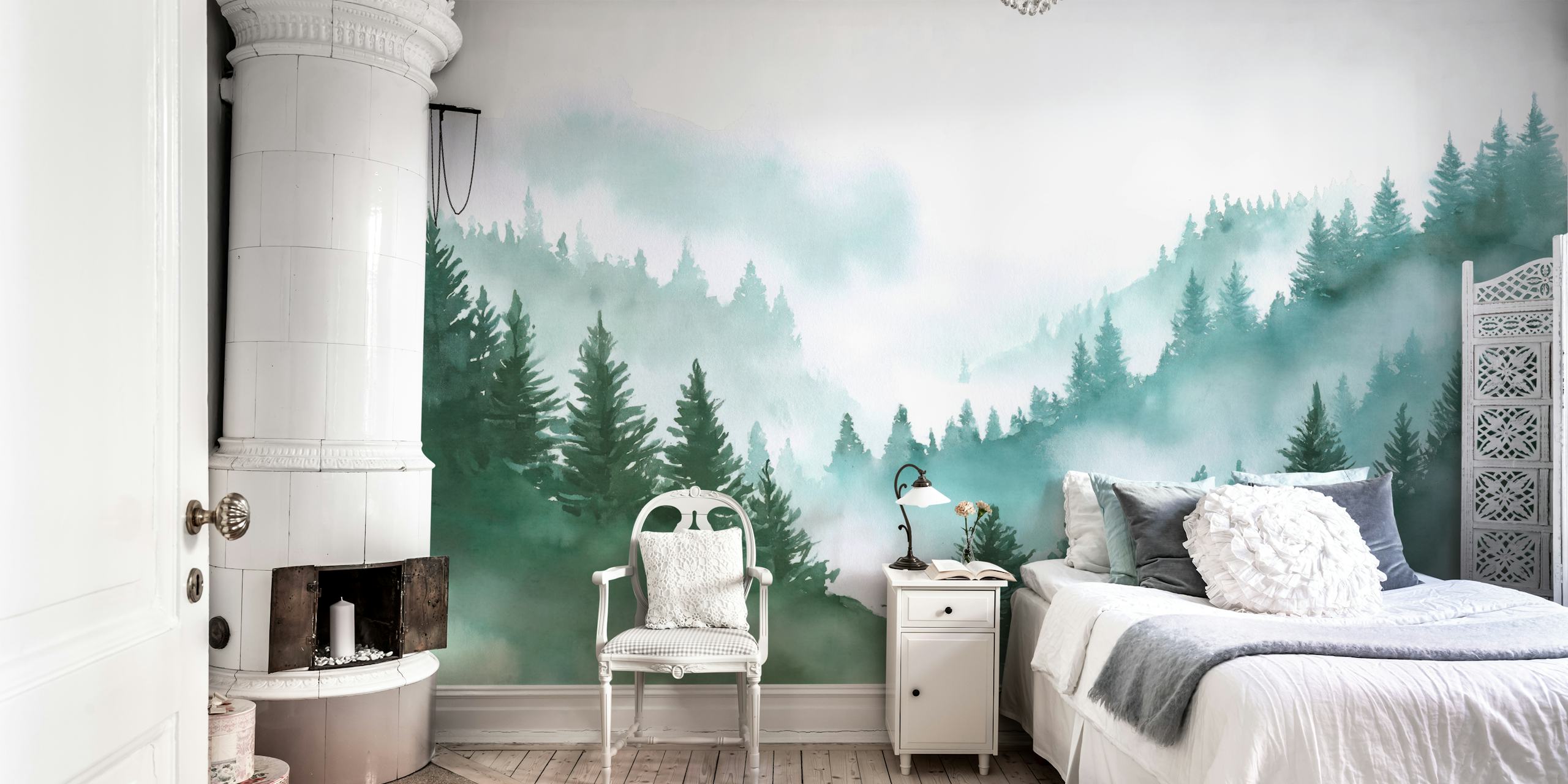 Papel de parede Mystical Pine Forest Landscape em um quarto