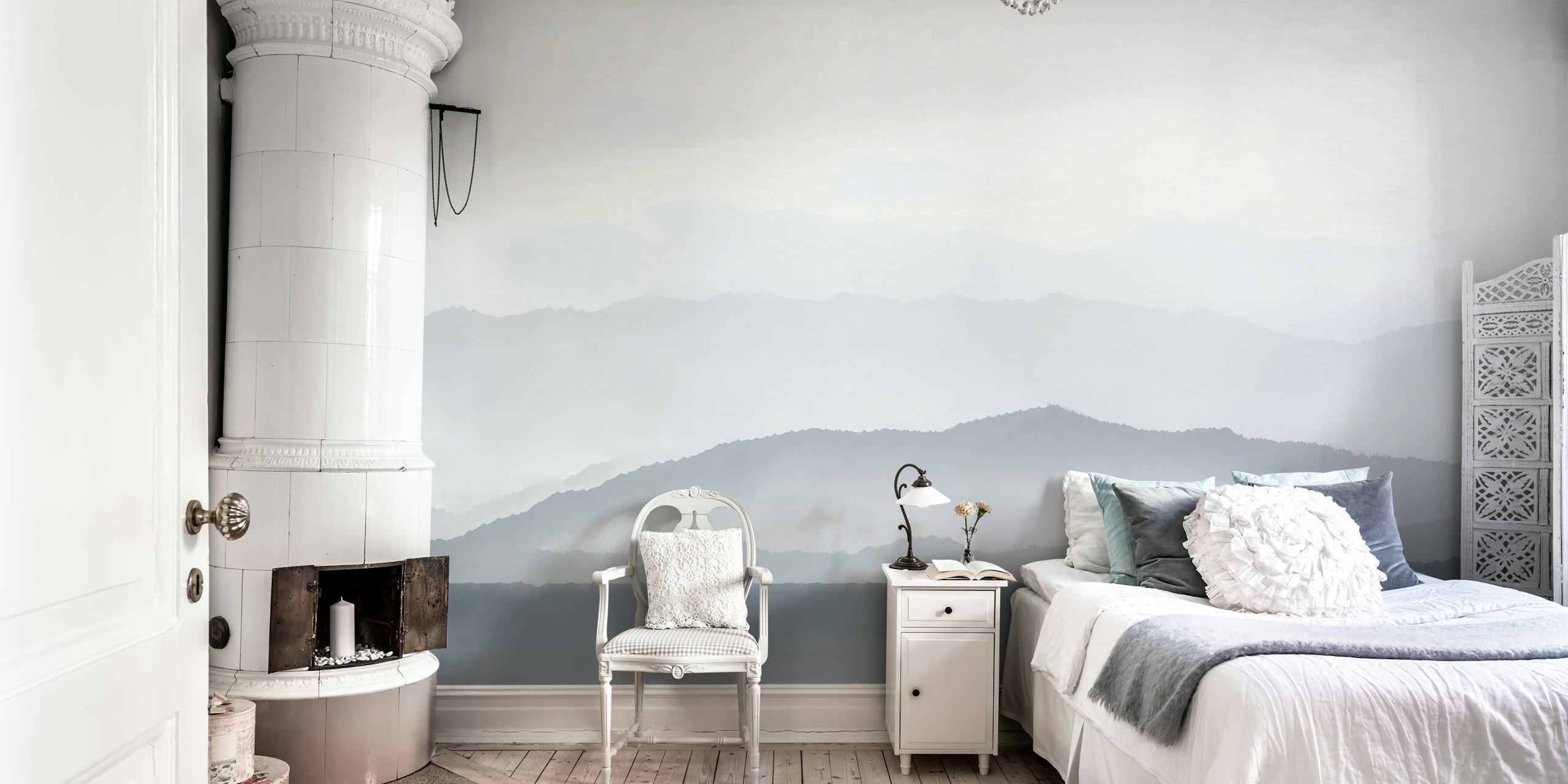 Misty mountain landscape wallpaper in a room