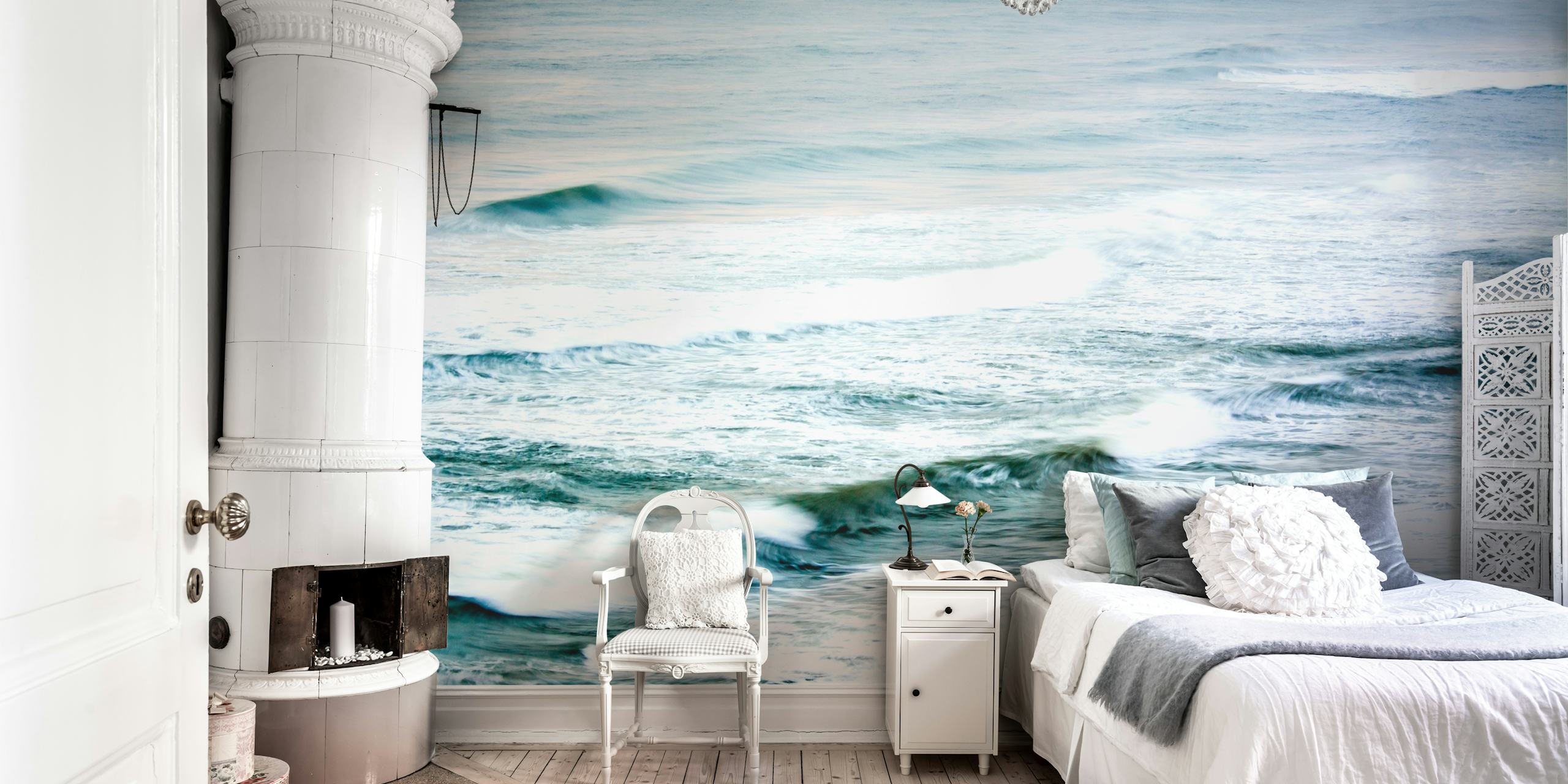 Fisherman by the ocean waves in soft muted colors wallpaper