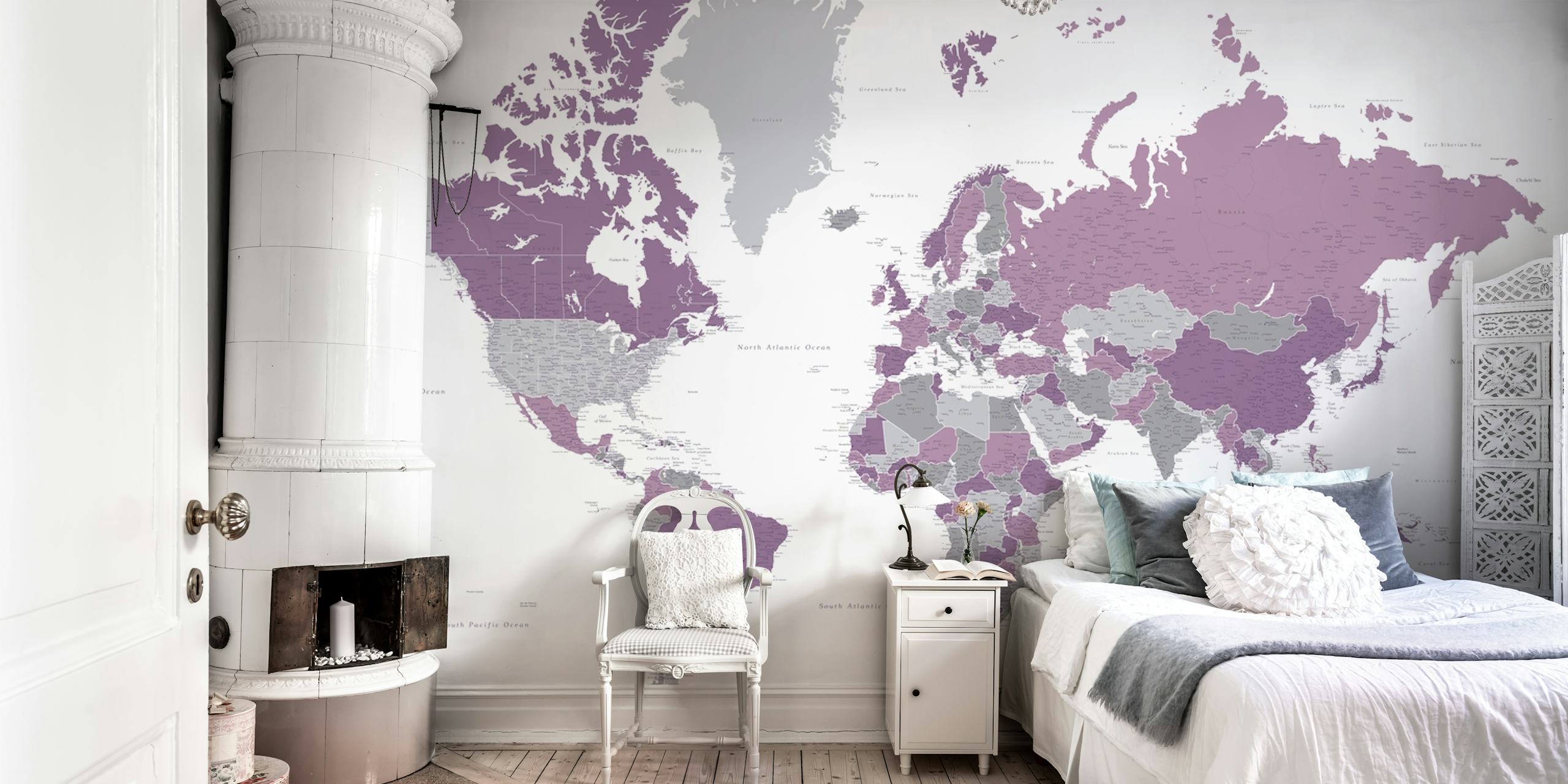High detail world map wallpaper in a room