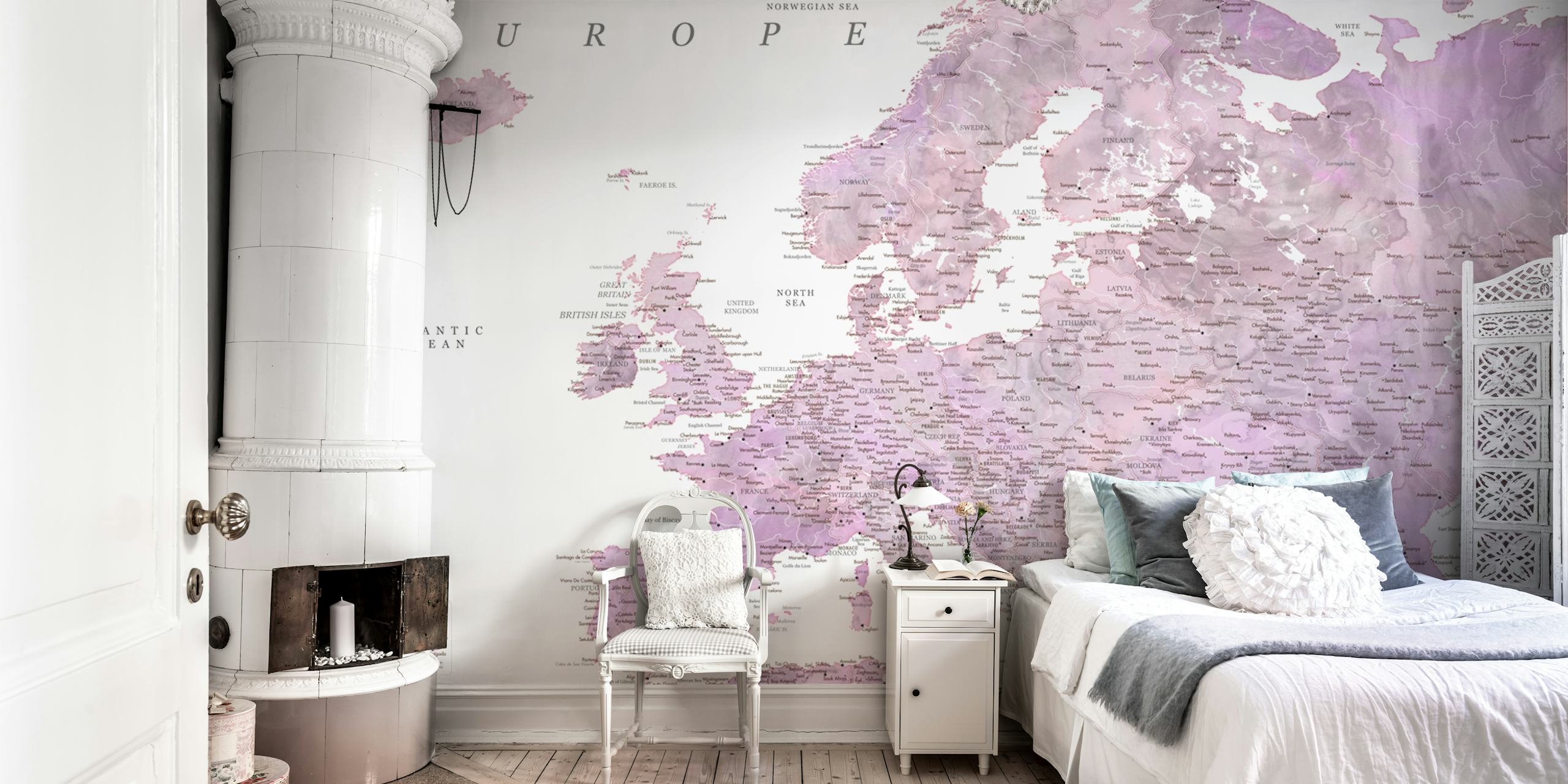 Detailed world map with pink watercolor effect wallpaper