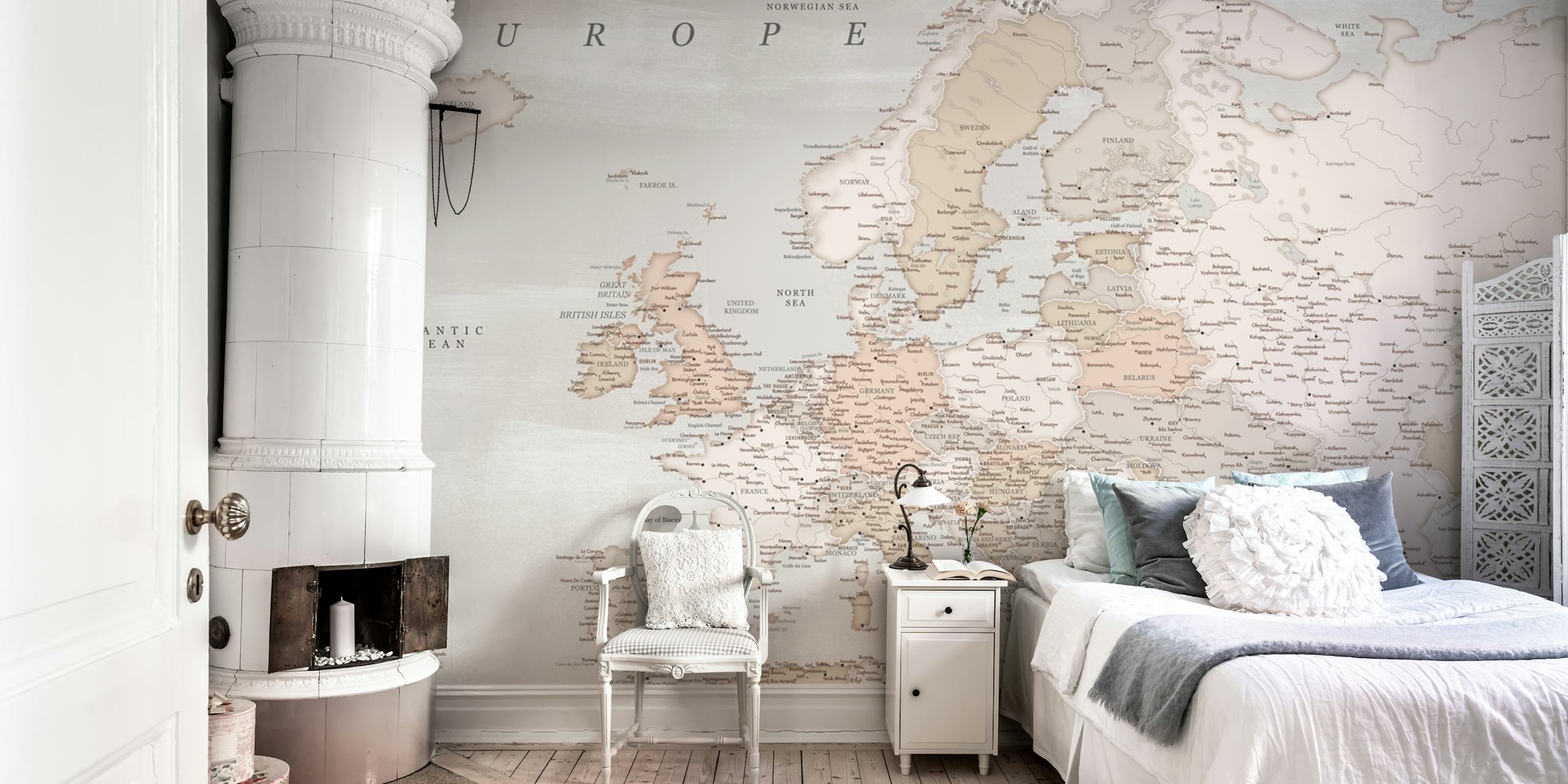 Detailed Europe map wallpaper in a room