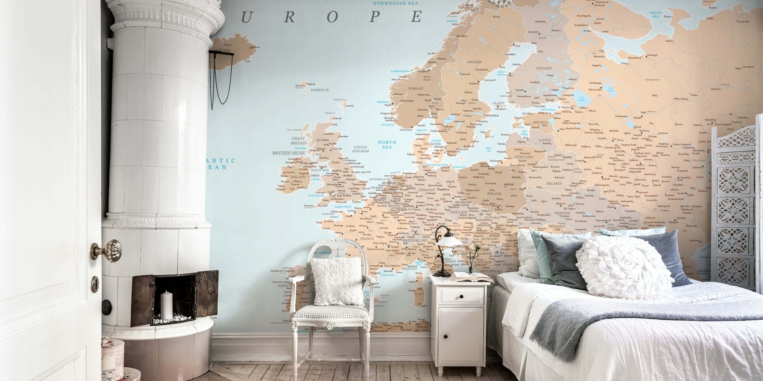 Detailed Europe map wallpaper in a room