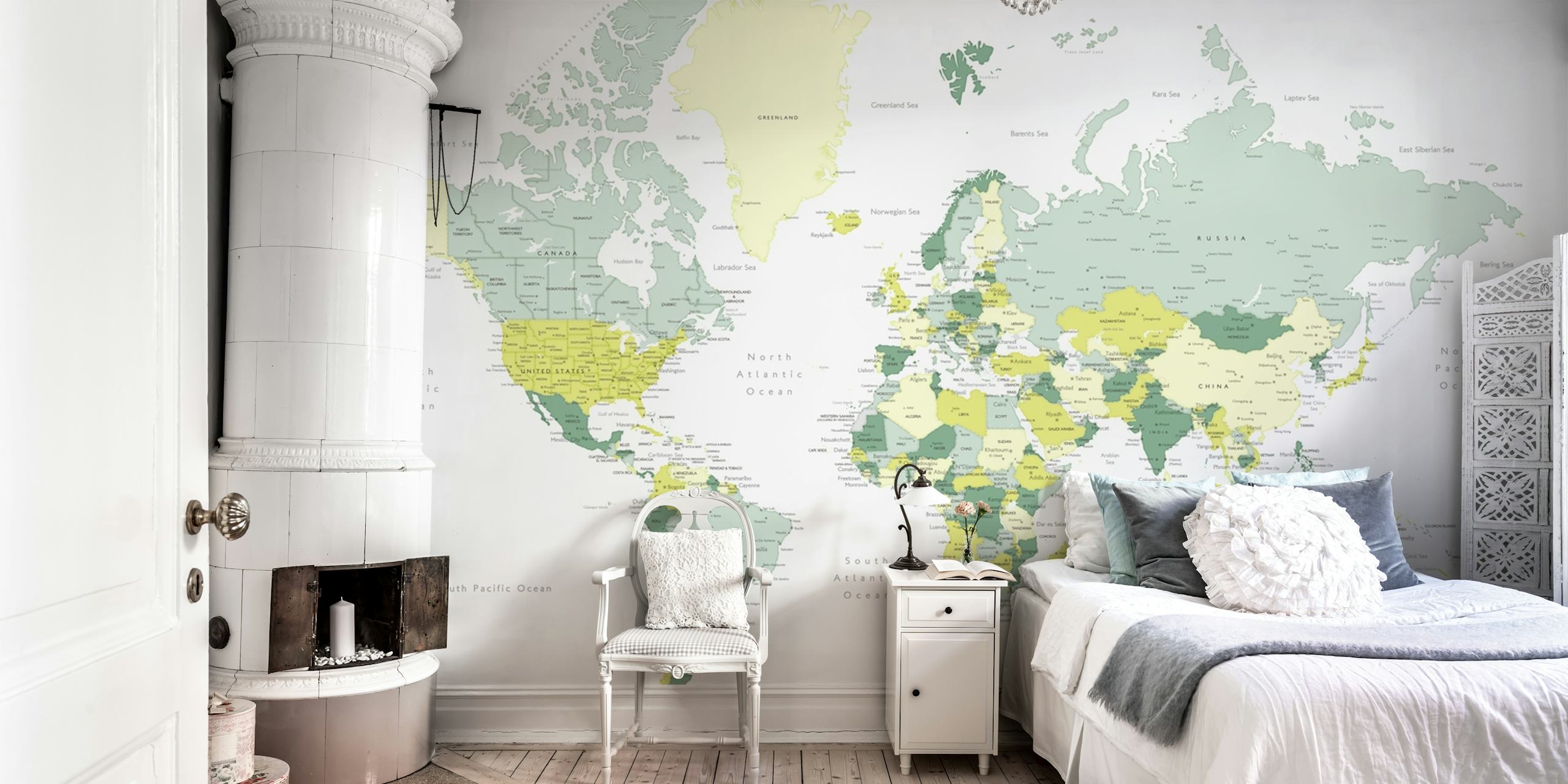 Kapueo world map with cities wallpaper in a room