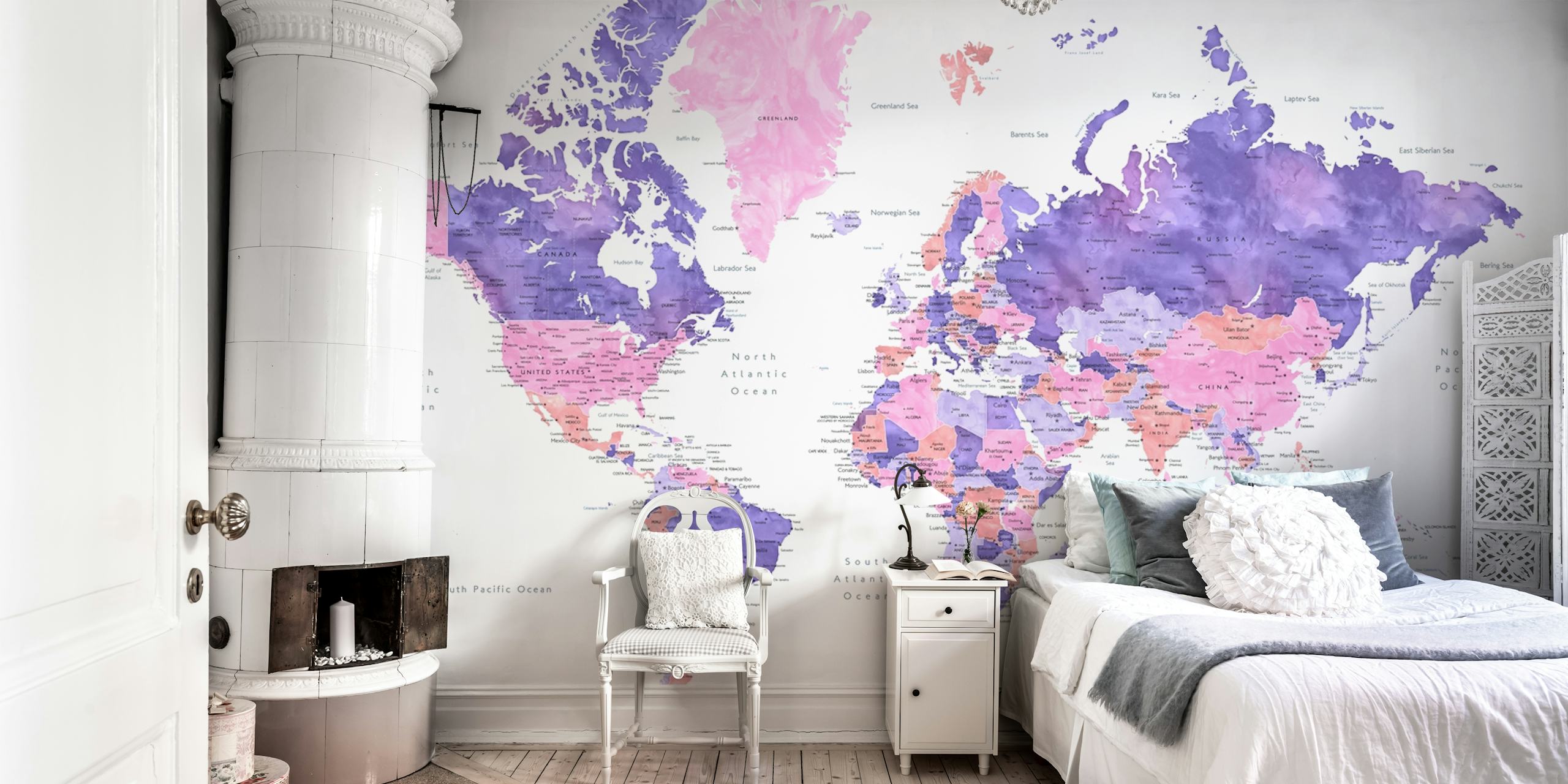 Artistic Brandie world map with cities wall mural in vibrant colors