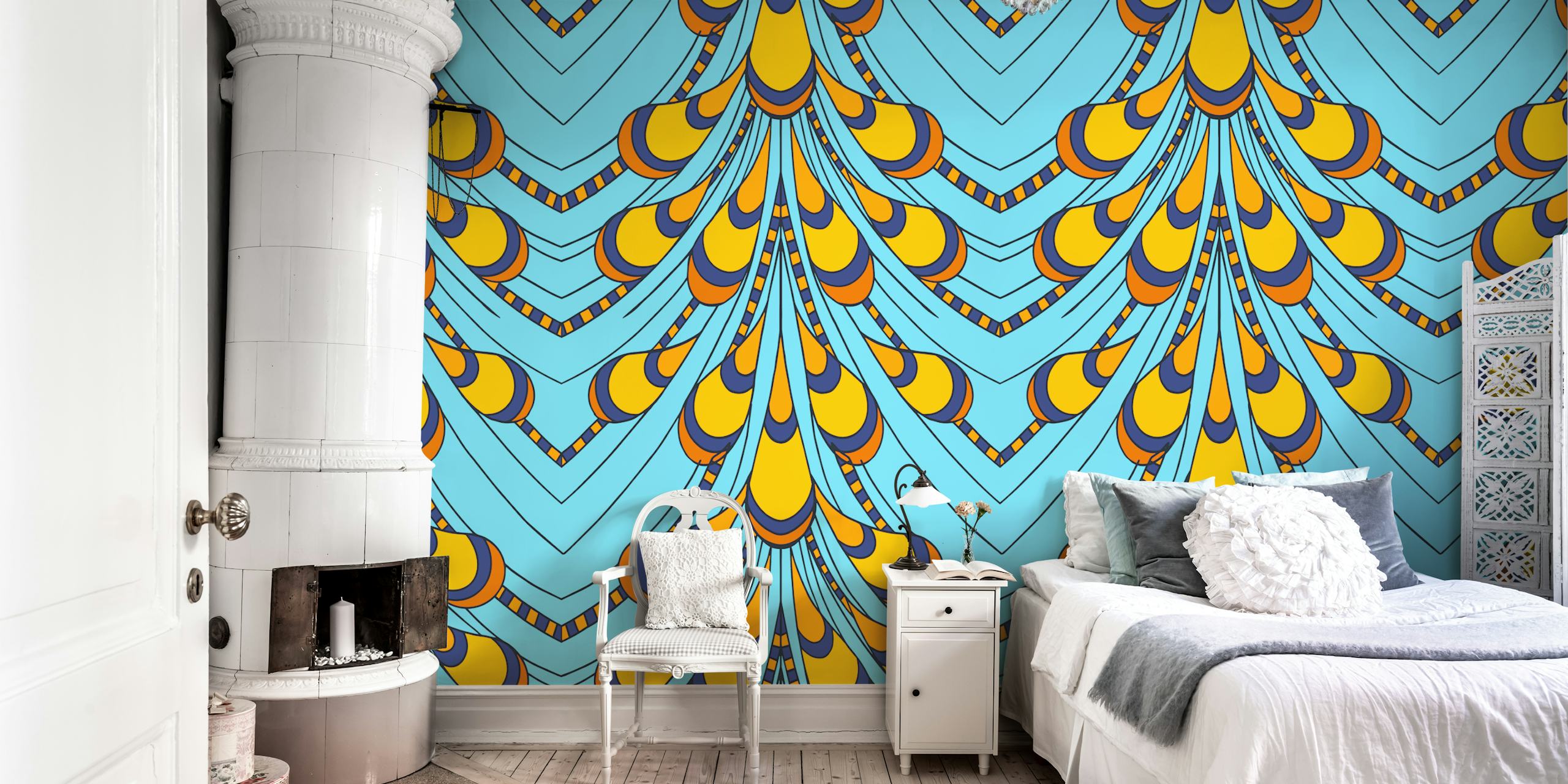Blue and yellow peacock feather pattern wallpaper
