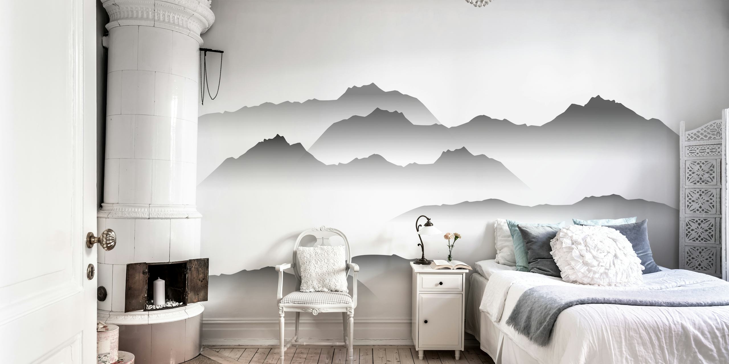 Minimal Morning Mist Mountains tapet i ett rum