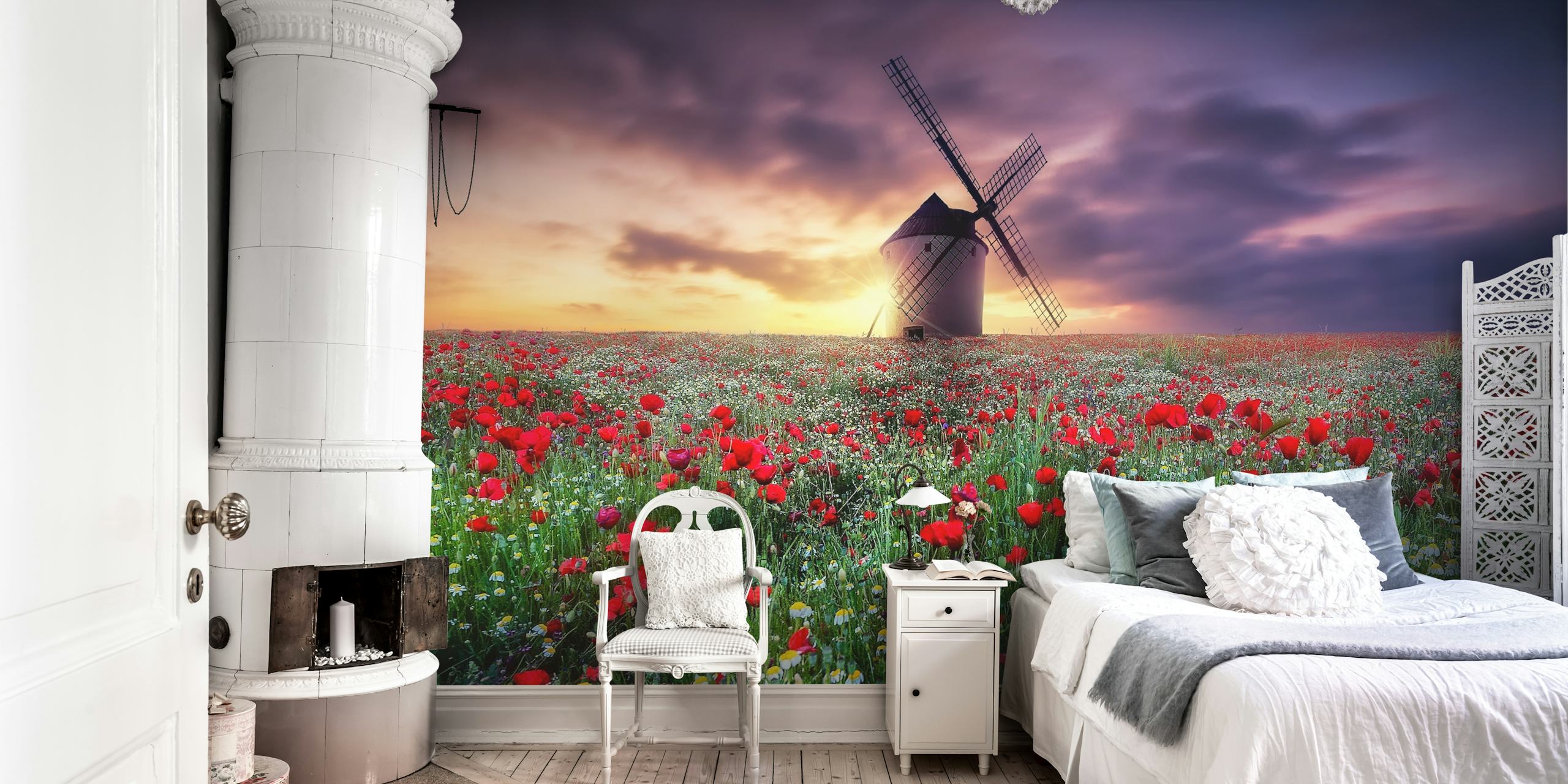 Spring landscape with windmill and colorful blooming flowers wallpaper
