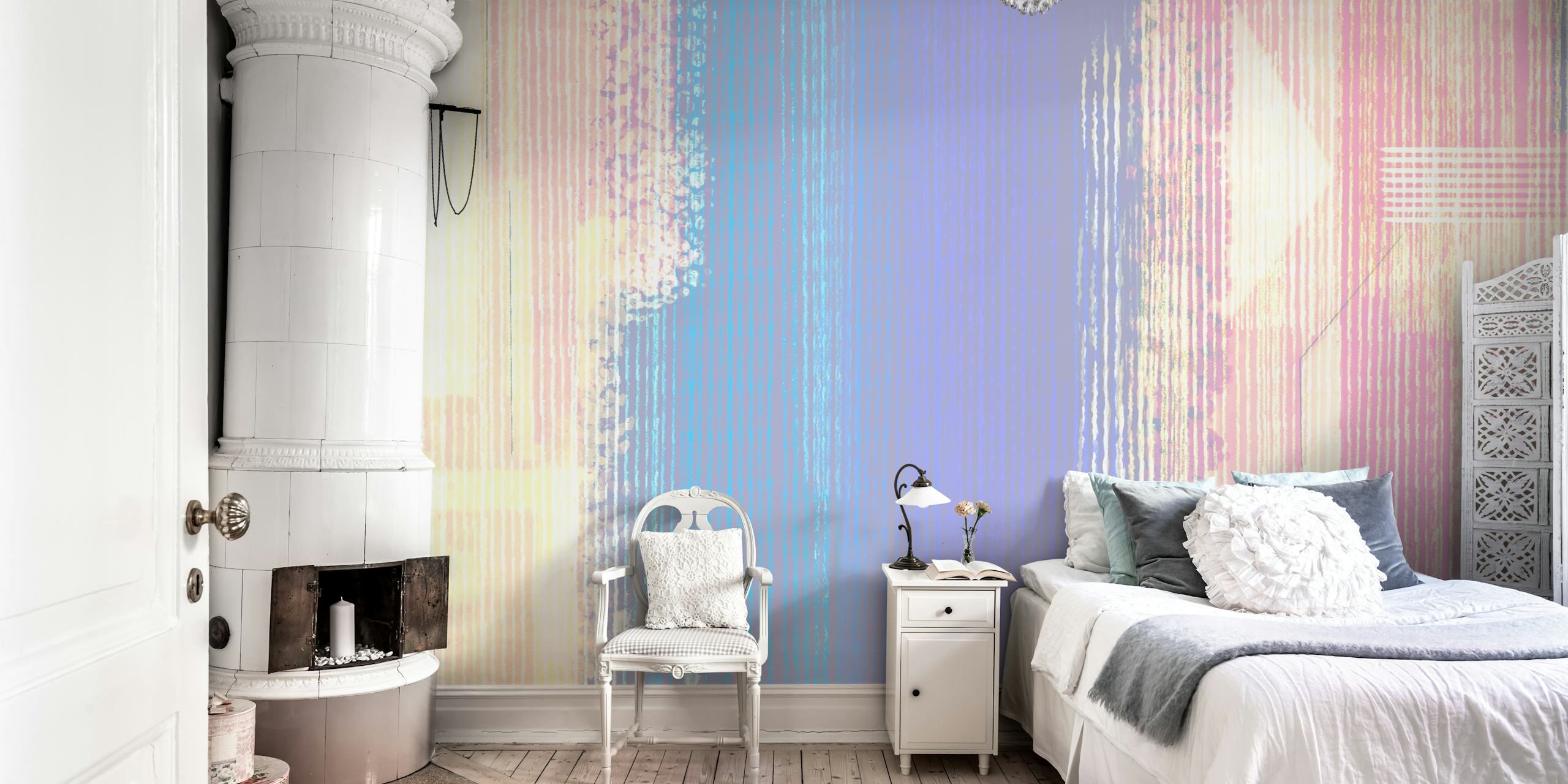 Muted abstract texture wallpaper with vertical stripes in soft pink, blue, and beige tones