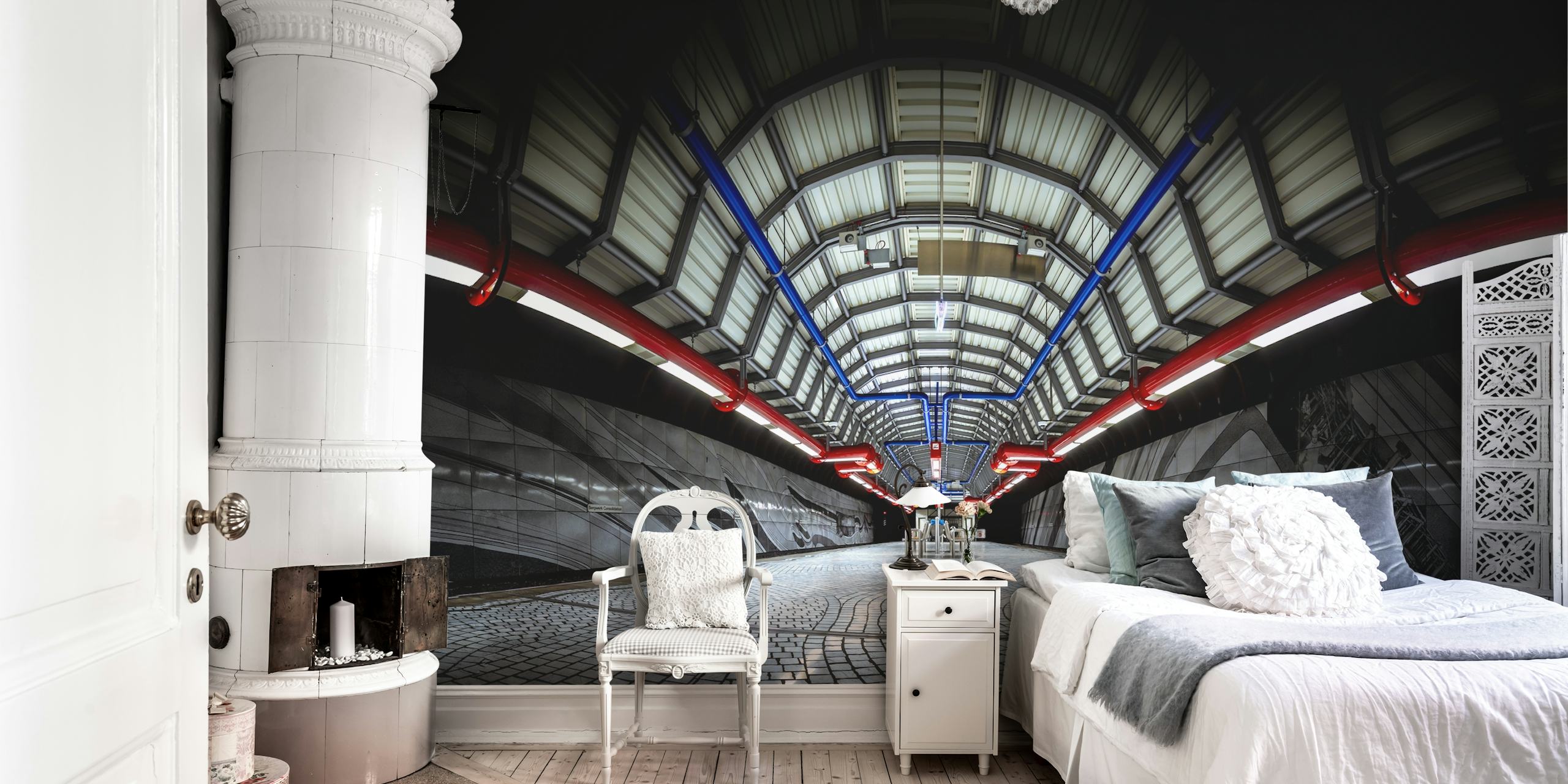 Metro station interior with geometric patterns and grey tones wallpaper