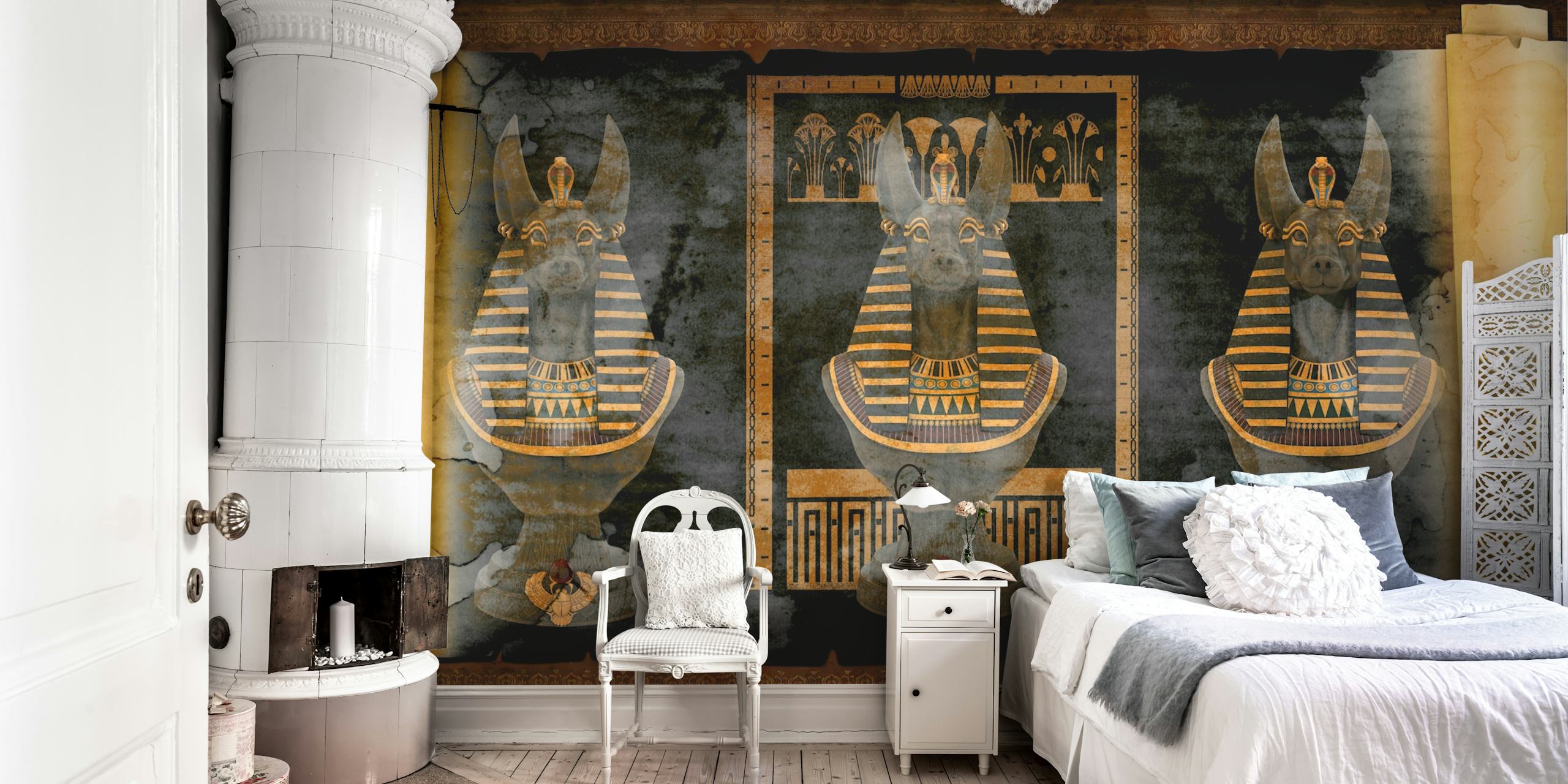 Egyptian-themed black and gold wallpaper featuring Anubis statues