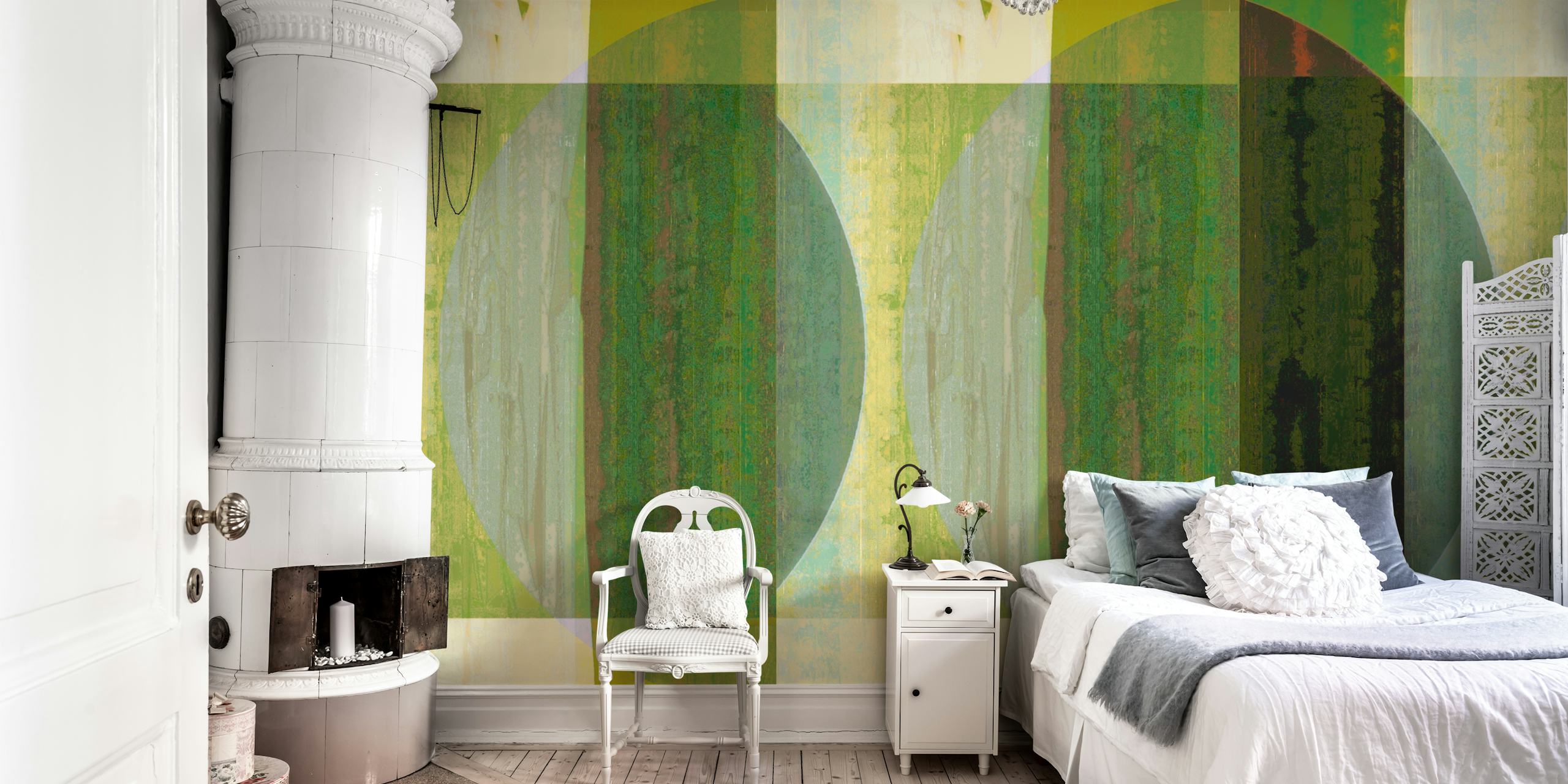 Carta da parati Mid Century Bauhaus Green in una stanza