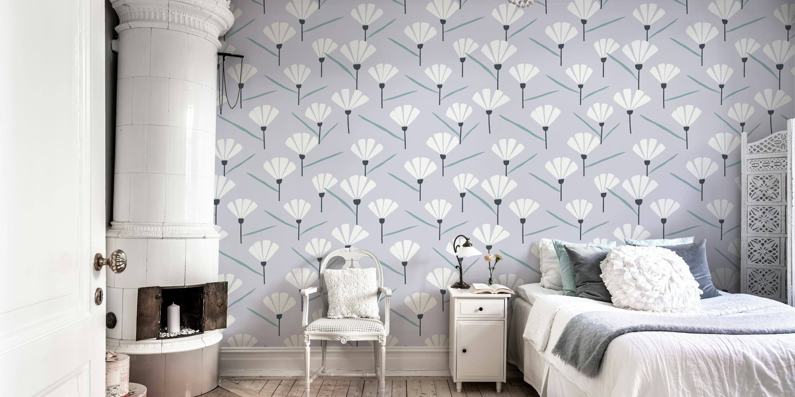 Lilac minimal floral wallpaper in a room