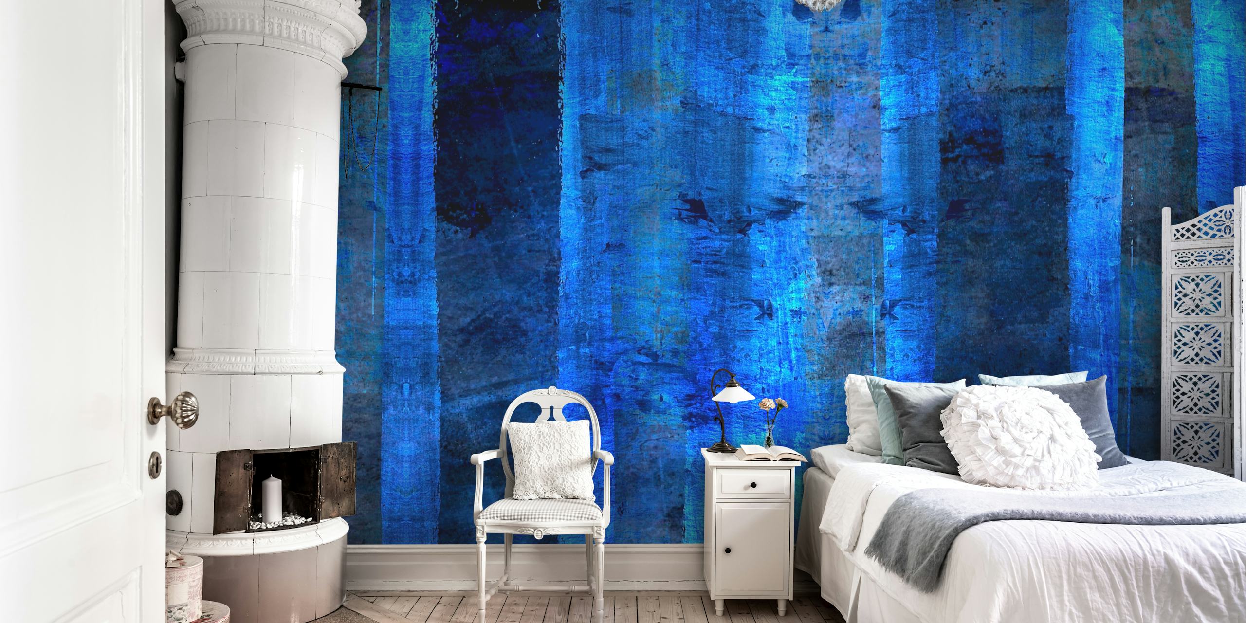 Ethereal indigo blue wall mural with abstract vertical streaks
