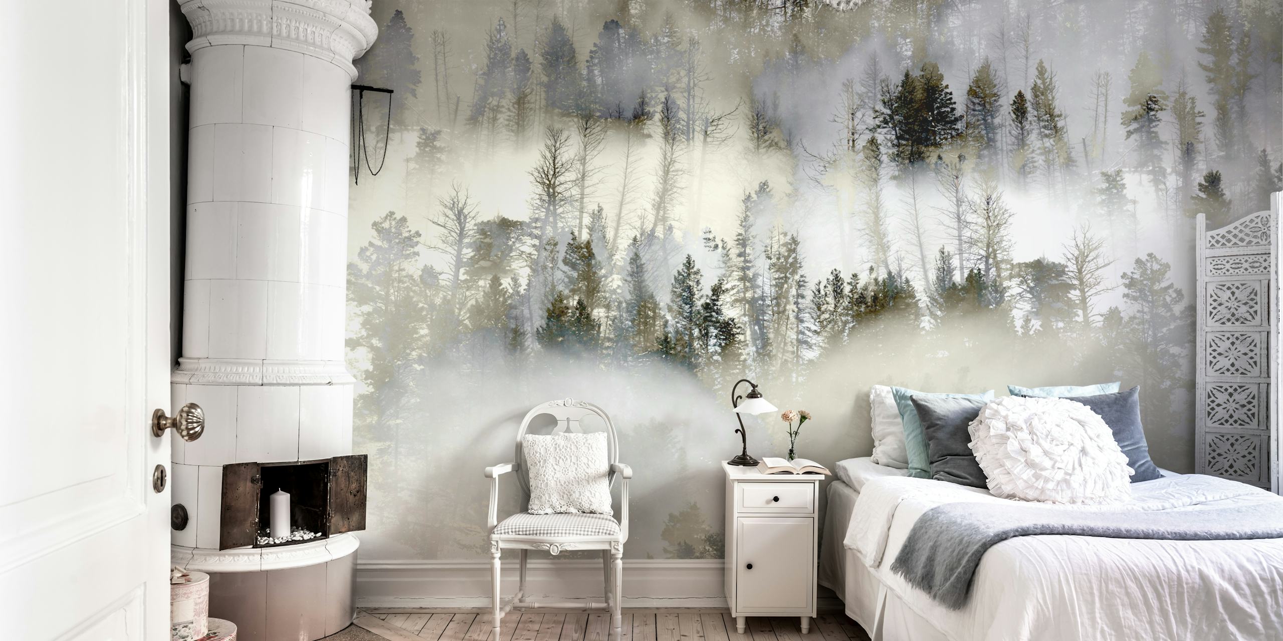 Misty Forest Dream papel de parede em um quarto