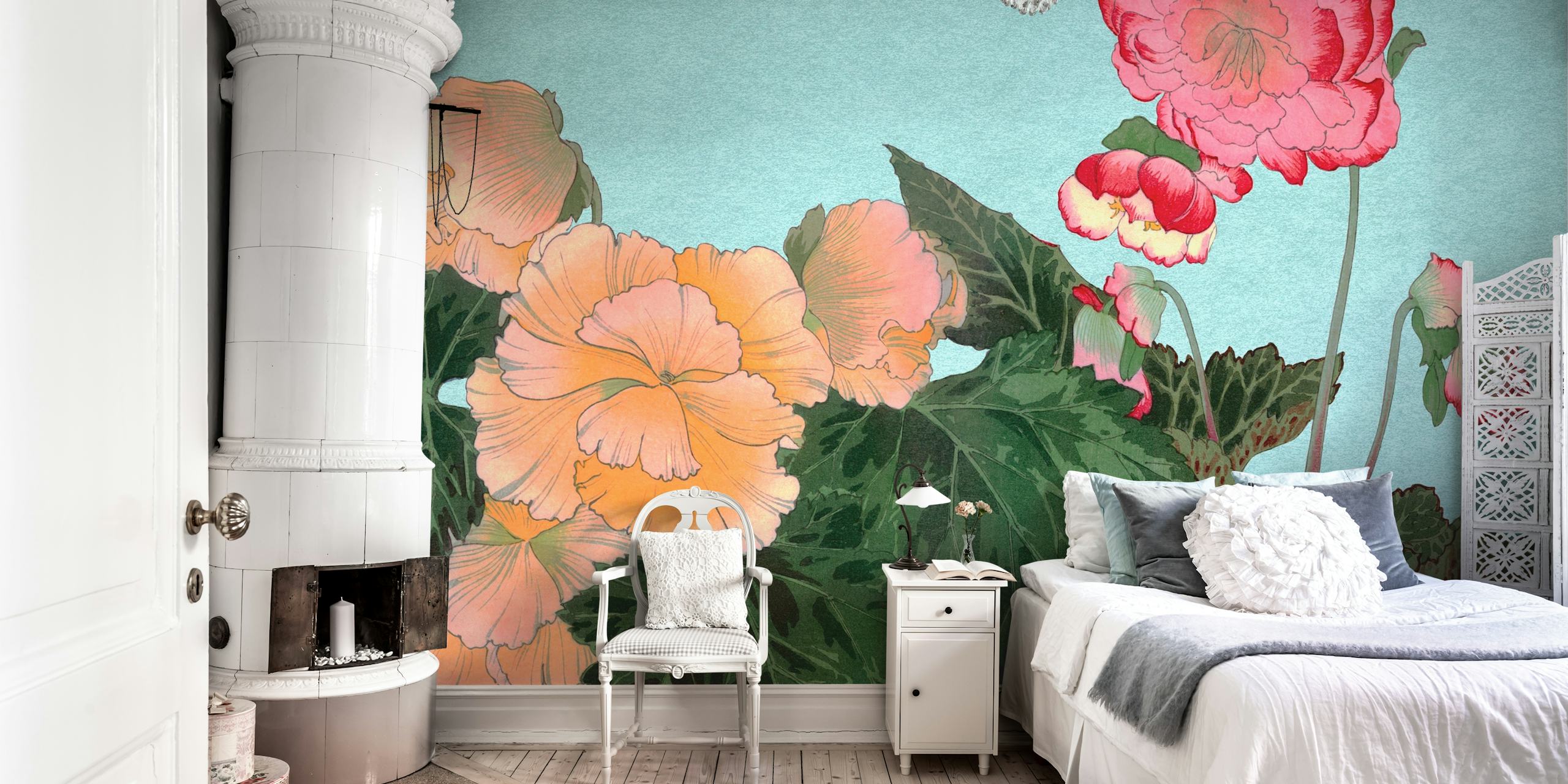 Delicate pink and orange floral wallpaper on a light blue background