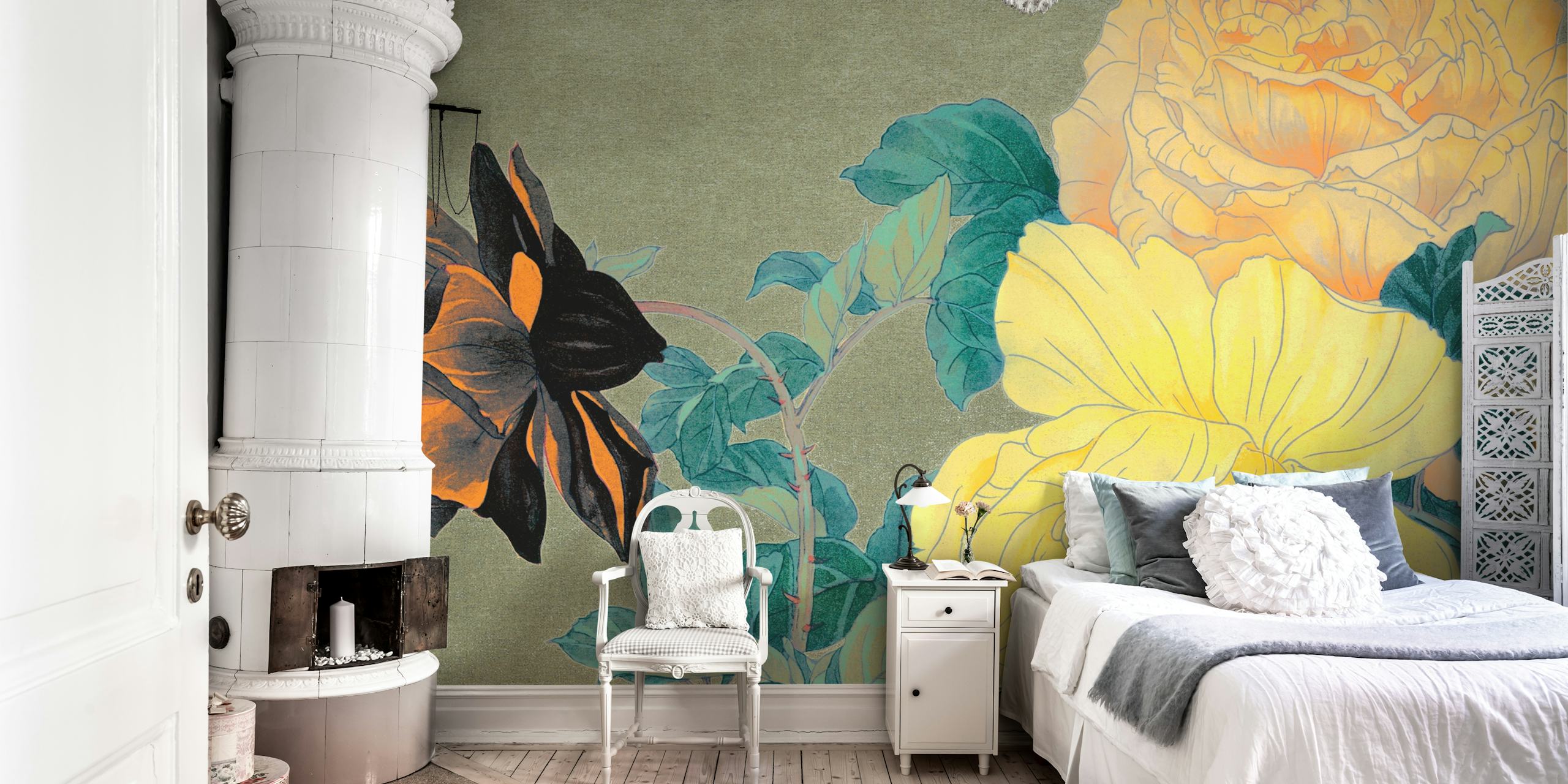 Antieke Noordse pioenrozen muurschildering met vintage tinten