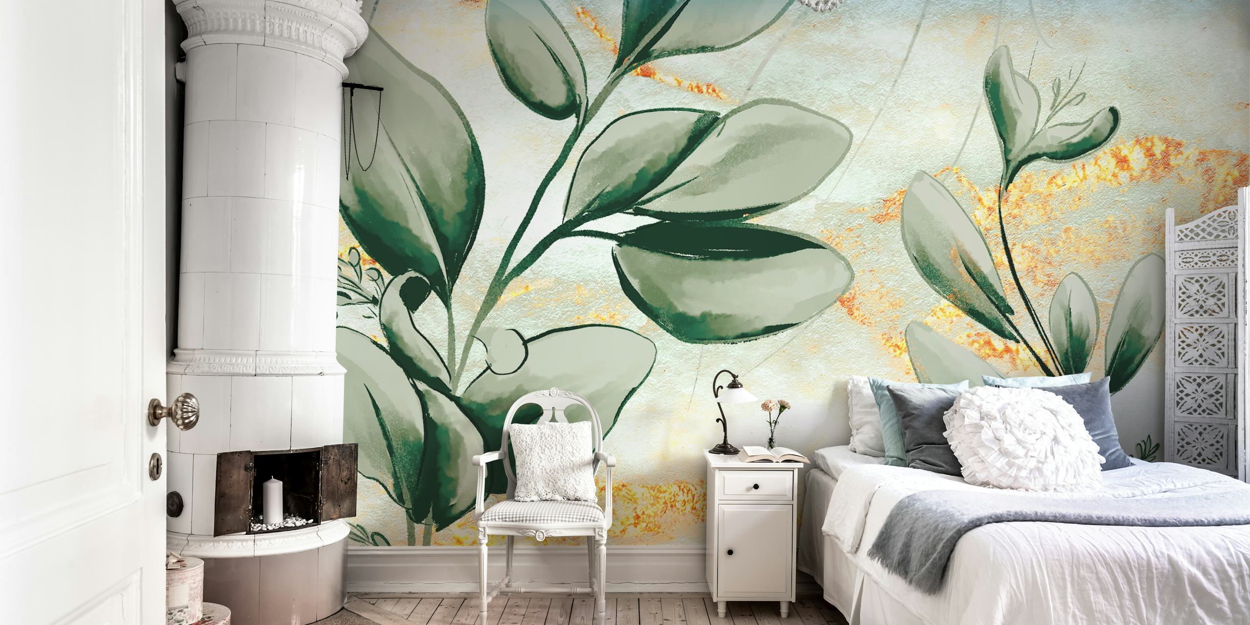 Graffiti-inspirerte blader med gylne glitter-aksenter på et veggmaleri