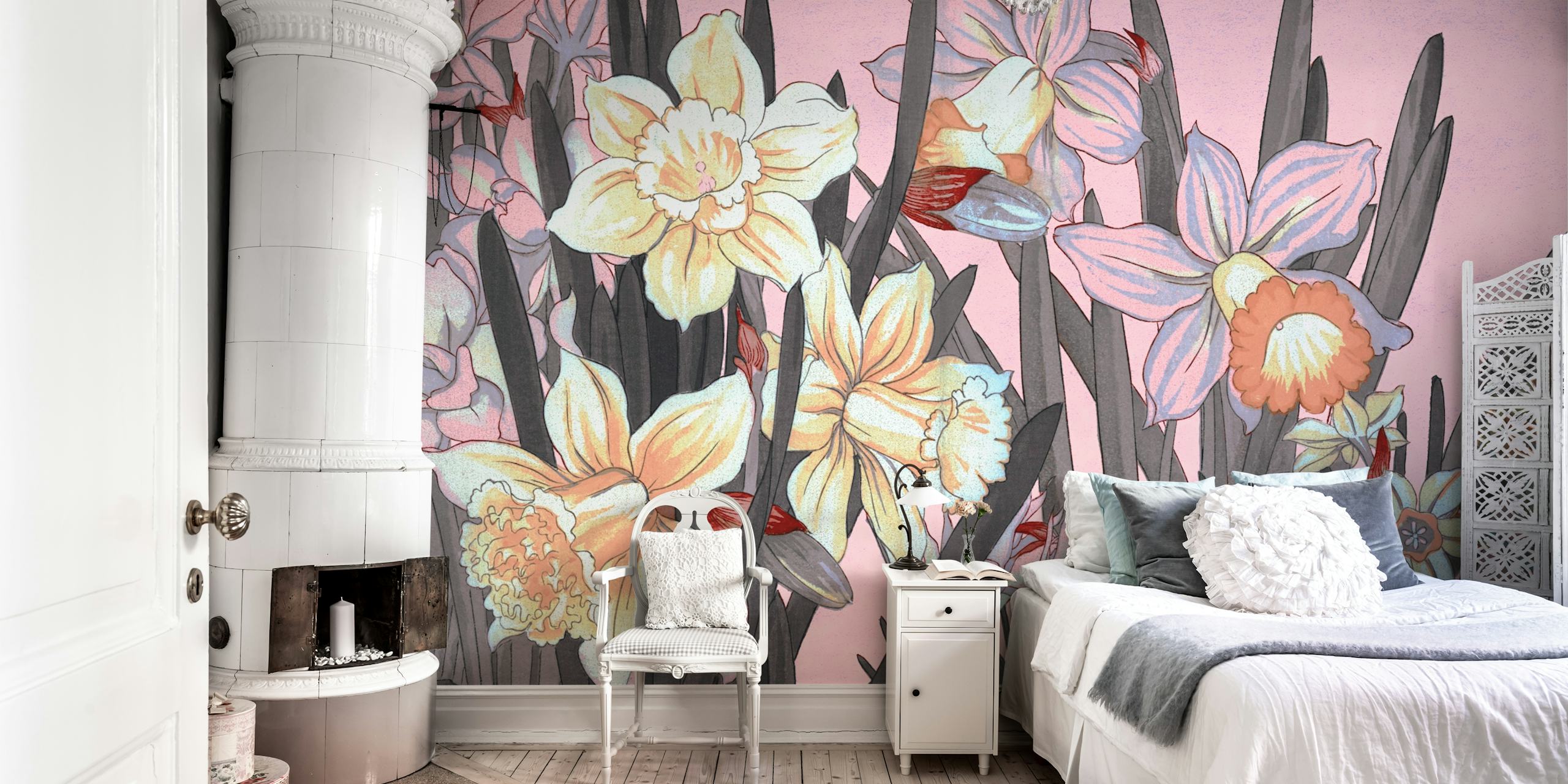 Scandinavian bloemenbehang op blush muur