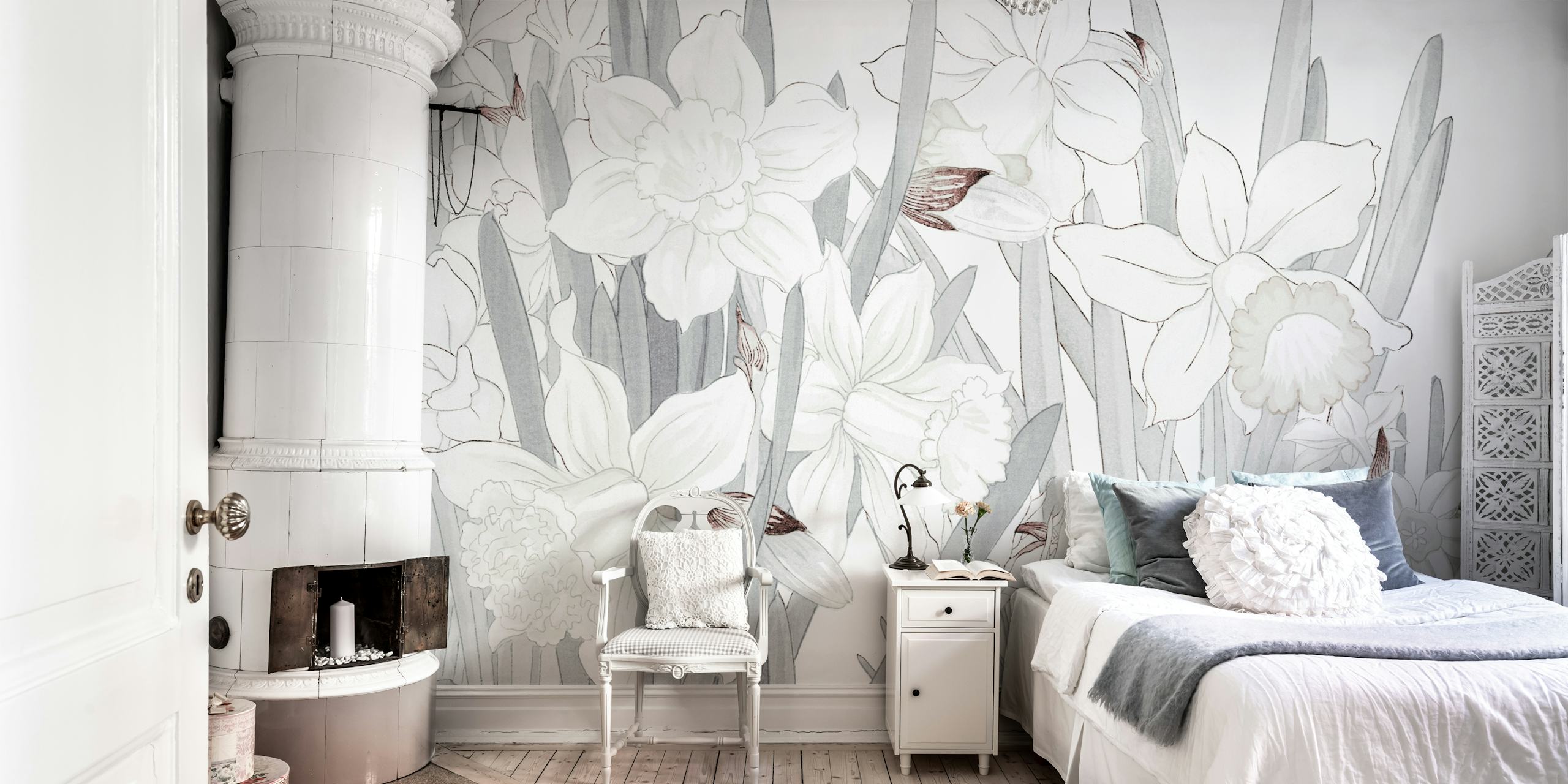 Light grey Scandinavian floral wallpaper in a room