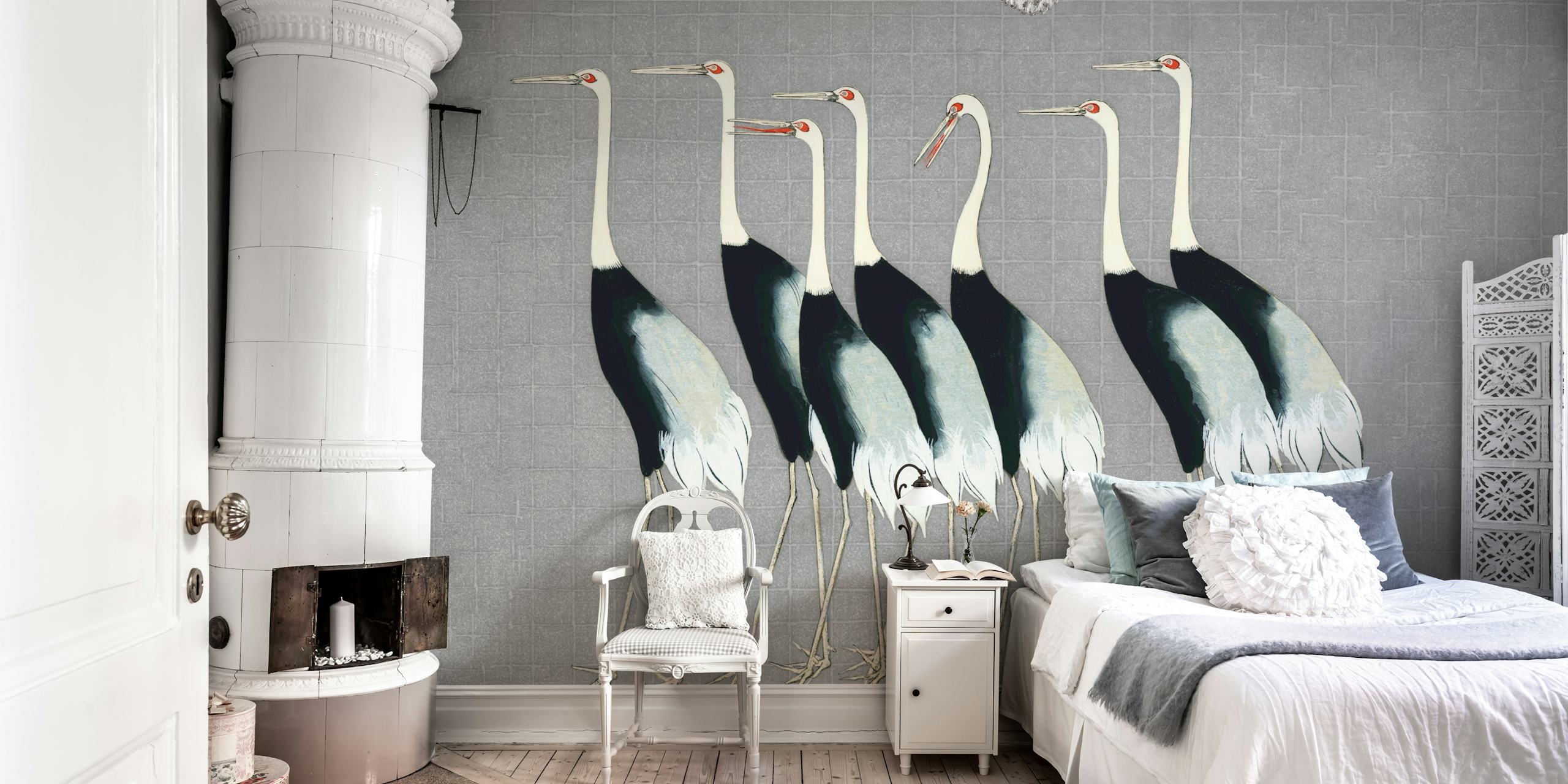 Japanese cranes in black and white on a grey background wallpaper