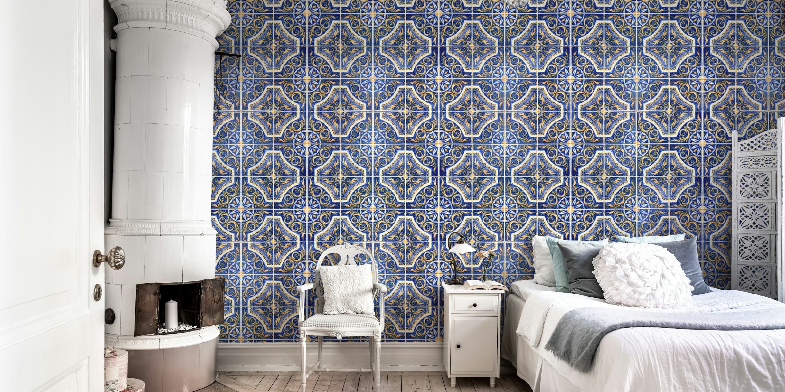 Vintage tile pattern featuring blue and yellow colors wallpaper