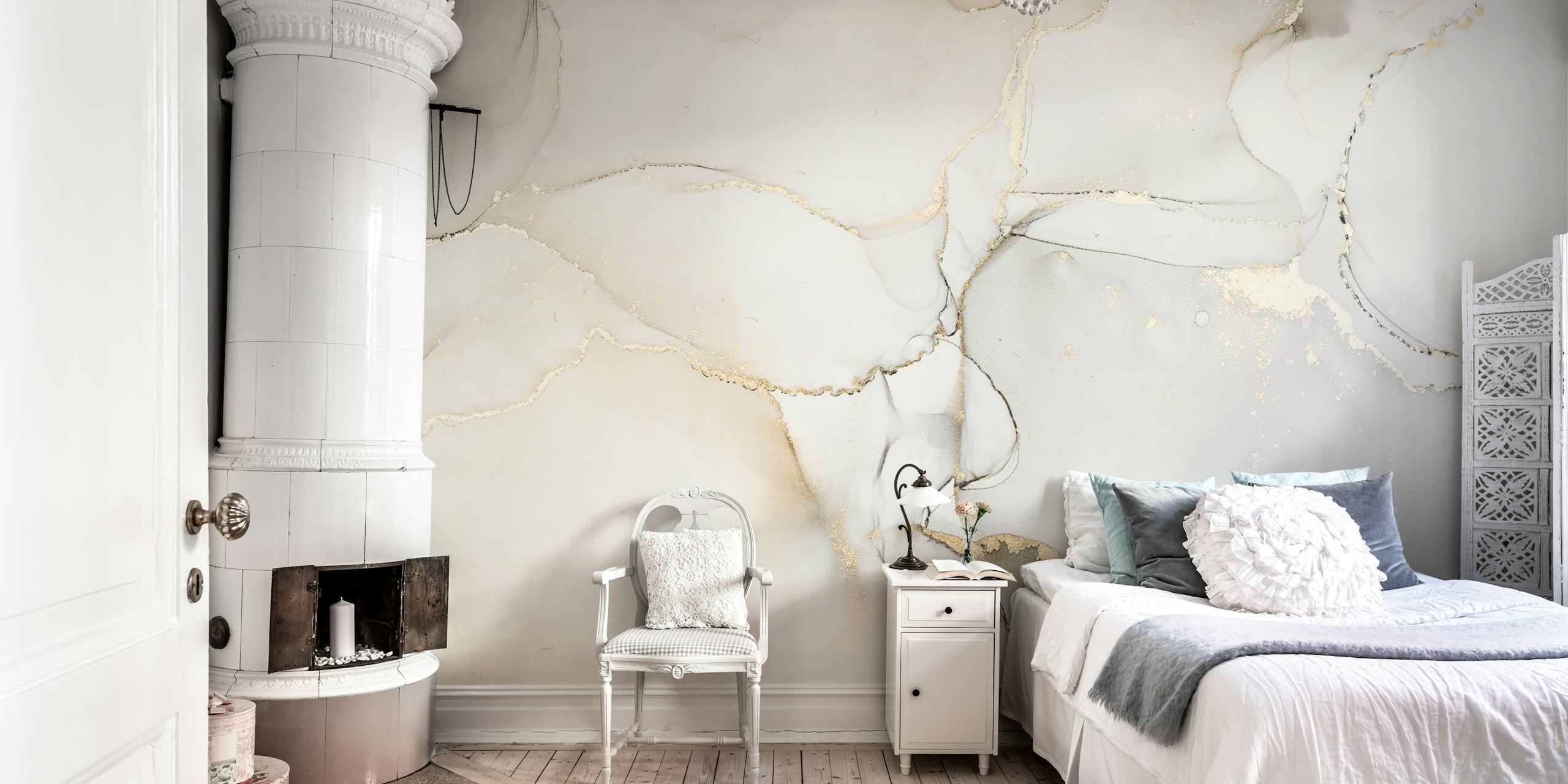 Abstract white and gold waves and lines wallpaper