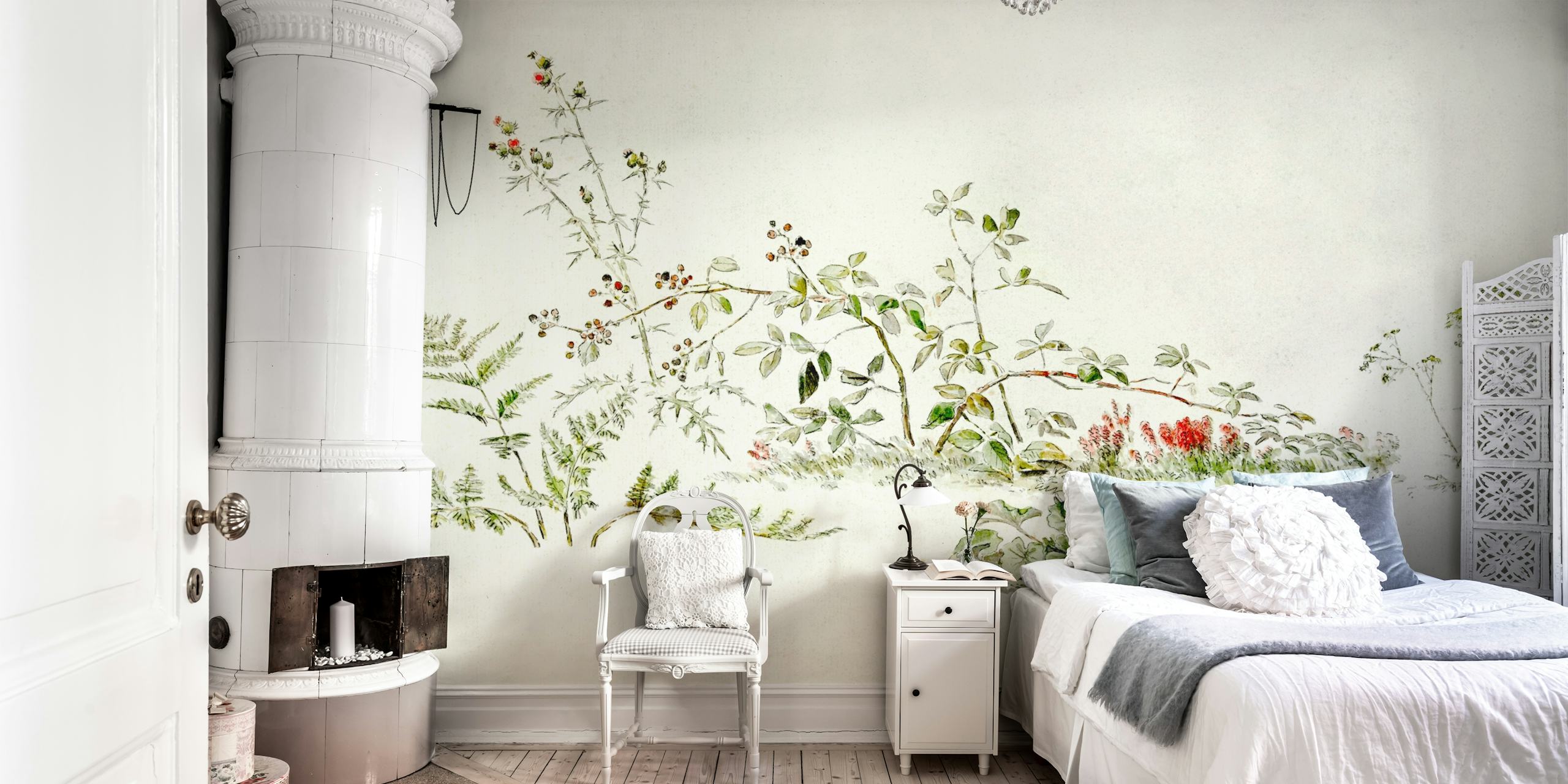 Håndtegnede botaniske illustrationer vægmaleri med bløde grønne og subtile røde accenter på en ren baggrund.