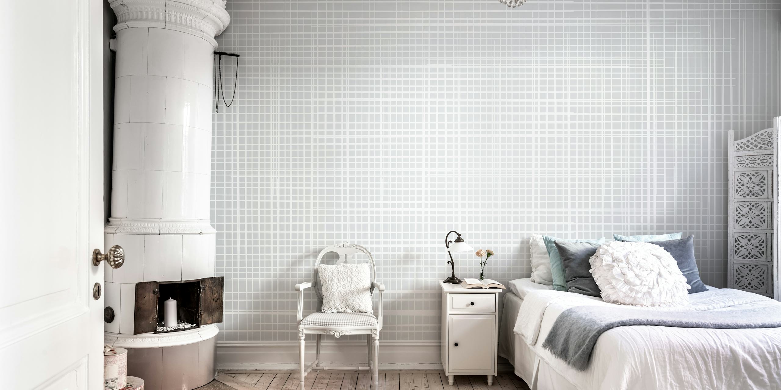Geometric lines in white pattern on grey wallpaper