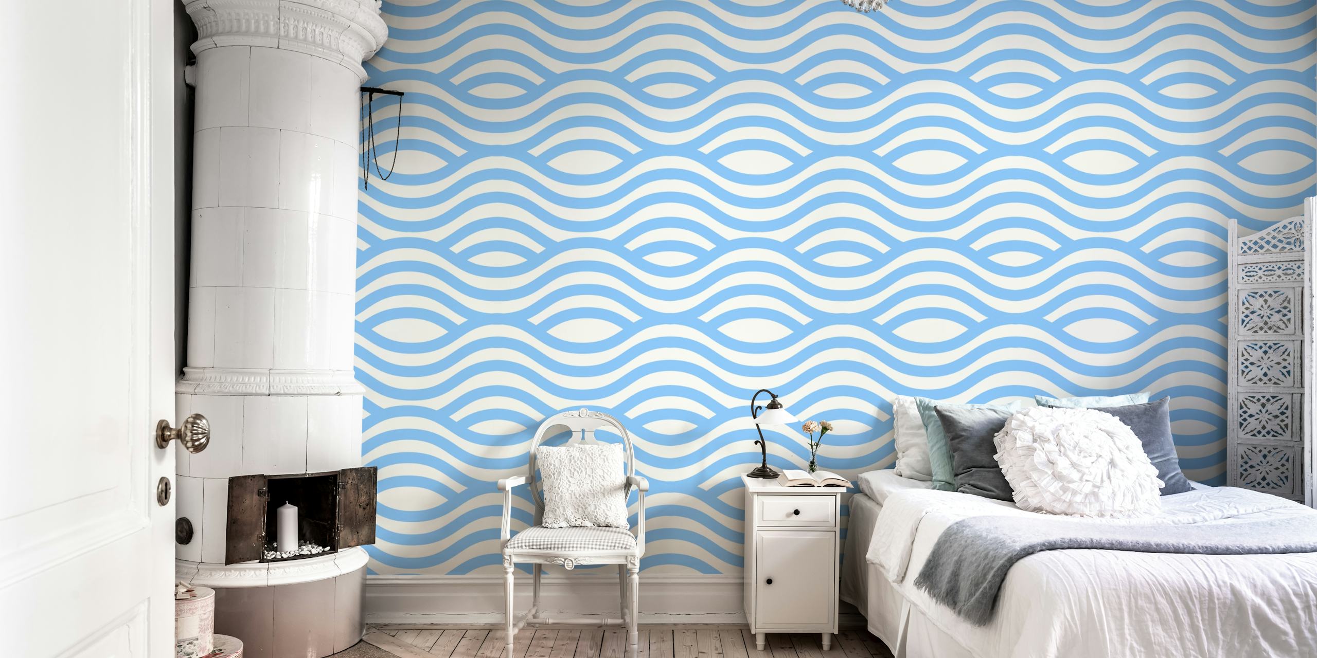 Traditional blue Japanese wave pattern wall mural
